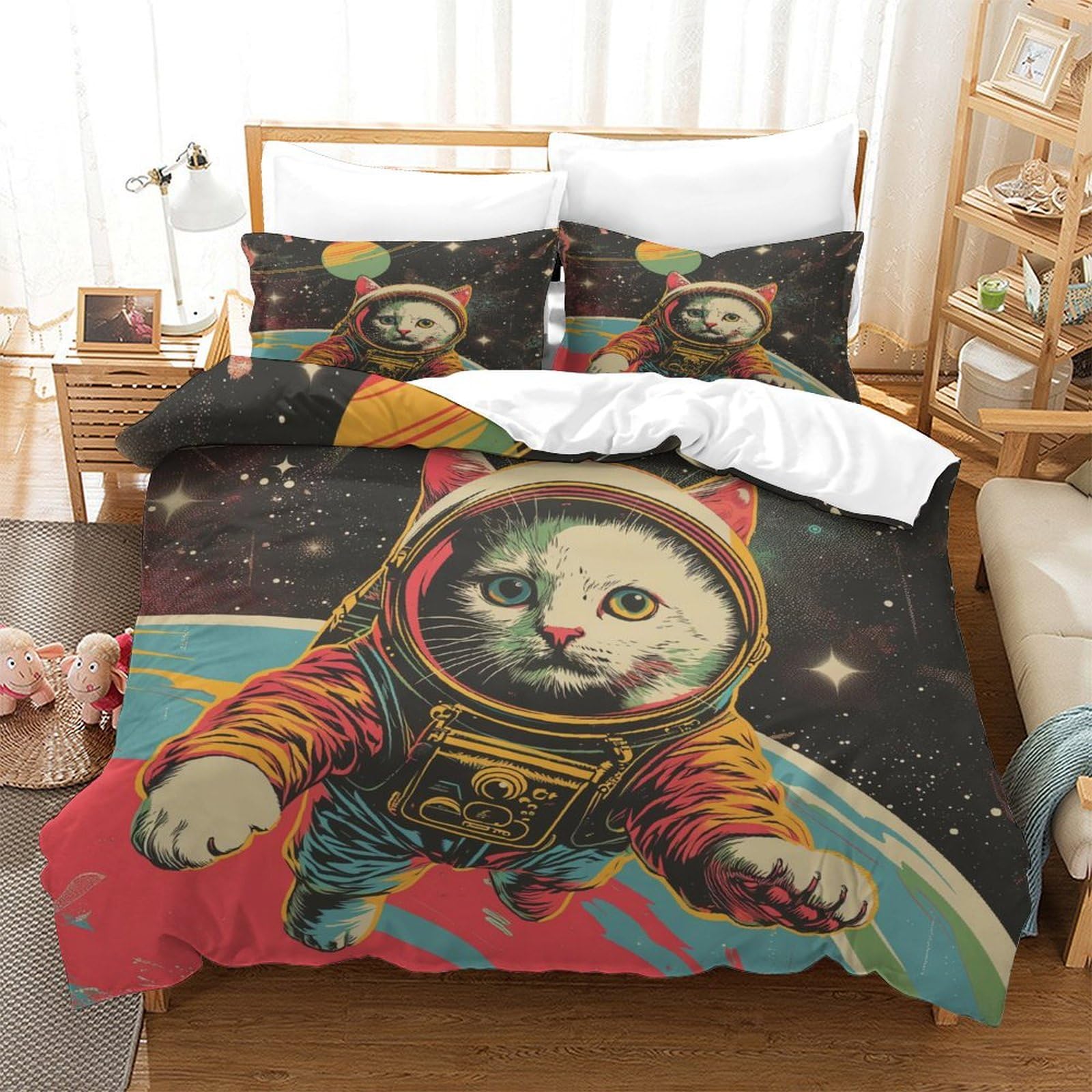 Housse de couette chat 140x200cm anti-plis en tissu super doux
