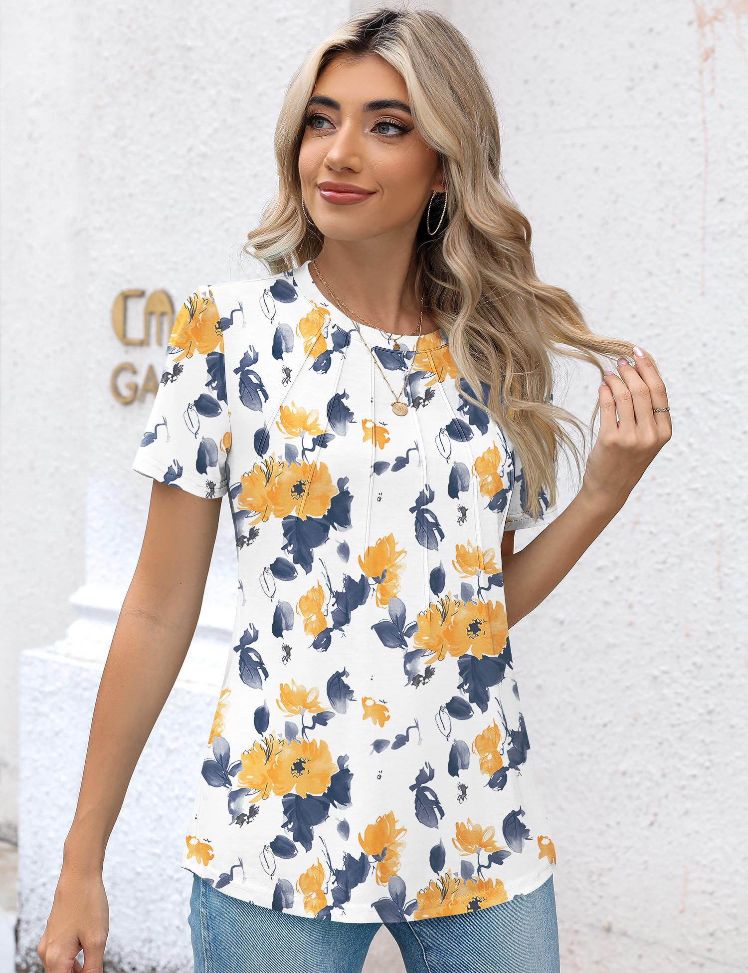 Kistore Womens Casual Crew Neck Short Sleeve Pleated Tops Blouses Fashion Clothes 2025