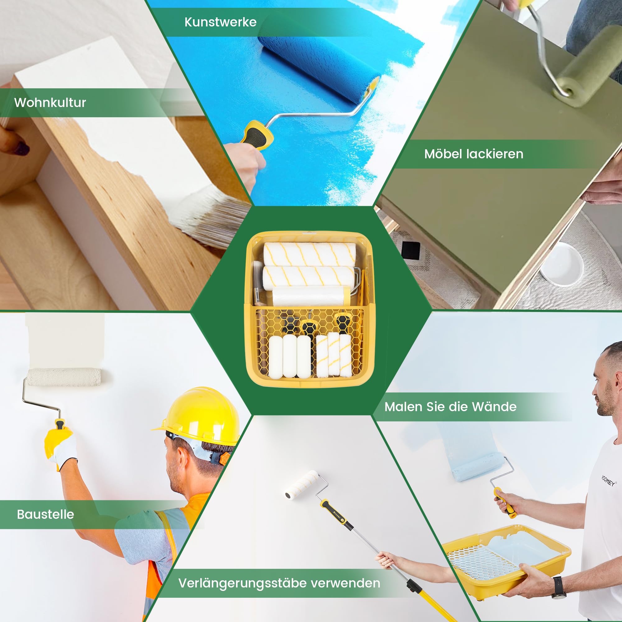 Voomey - Kit de peinture de 17 pièces, rouleaux de peinture de 22,86 cm, rouleaux de peinture de 10,16 cm et Seau de peinture de 22,9 cm avec pinceau, grille d'égouttage en plastique.
