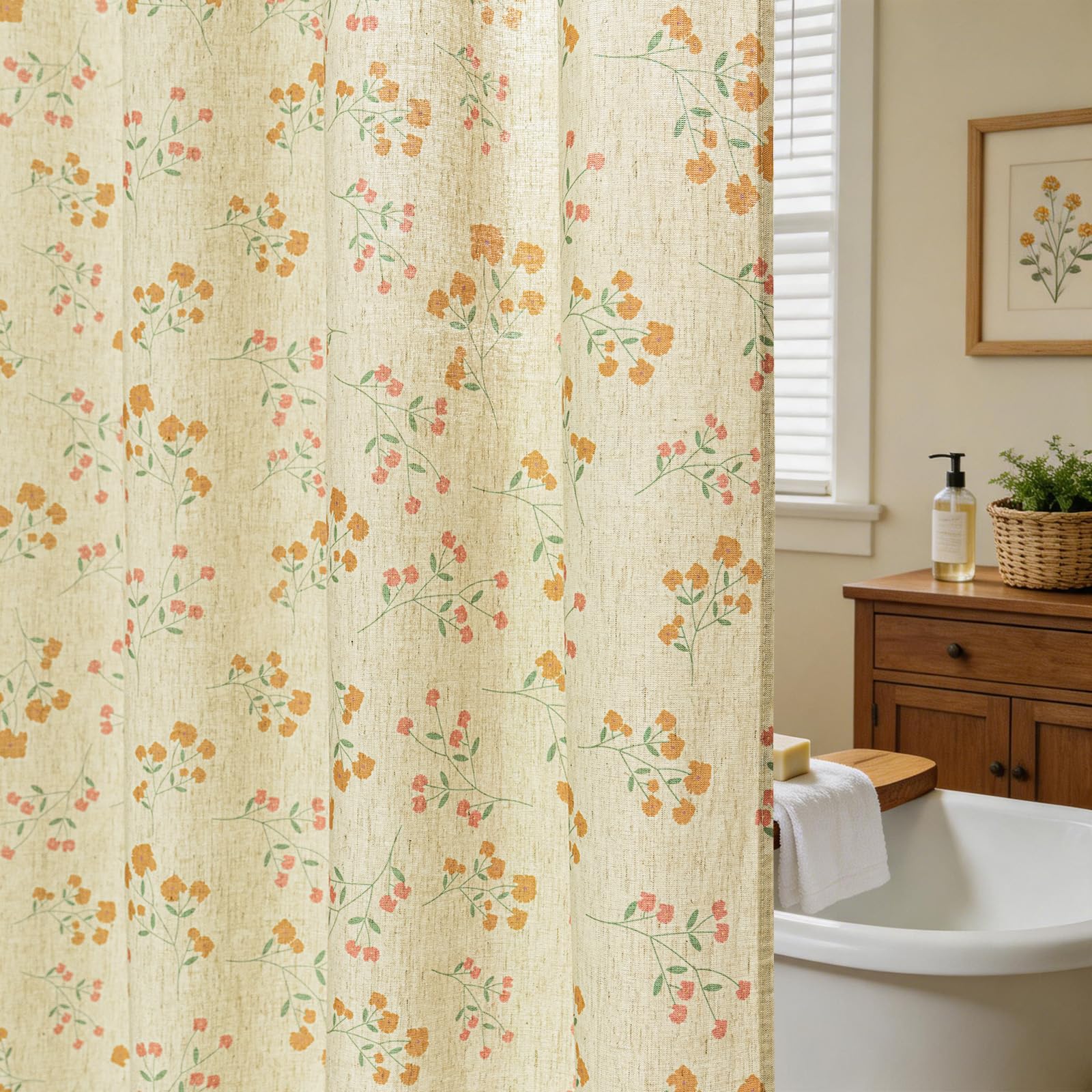 Fammio Floral Linen Shower Curtain 72x72, Spring Flower French Country Rustic Cottagecore Shower Curtains for Bathroom (Oatmeal/Orange)