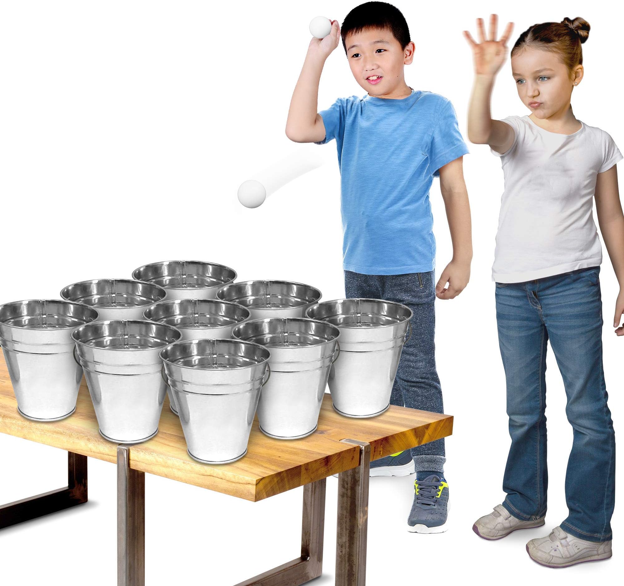 Bucket Ping Pong Ball Game Includes 9 Metal Buckets, 12 Balls, and 1 Number Sticker Sheet - Fun Party Activity for Kids and Adults, Carnival Games for Kids