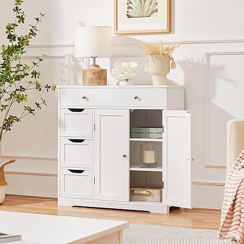 Miniatura 2 de Yaheetech Bathroom Floor Cabinet, Large Storage Space Wooden Organizer with 1 Big Drawer, 3 Small Drawers & 2 Doors, Free-Standing Cupboard for