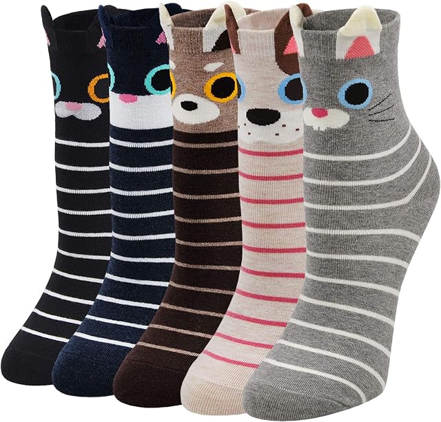 Womens Funny Animal Socks Ladies Cotton Socks Funky Cute Cartoon Odd Novelty Socks, Christmas Socks, 5 Pairs