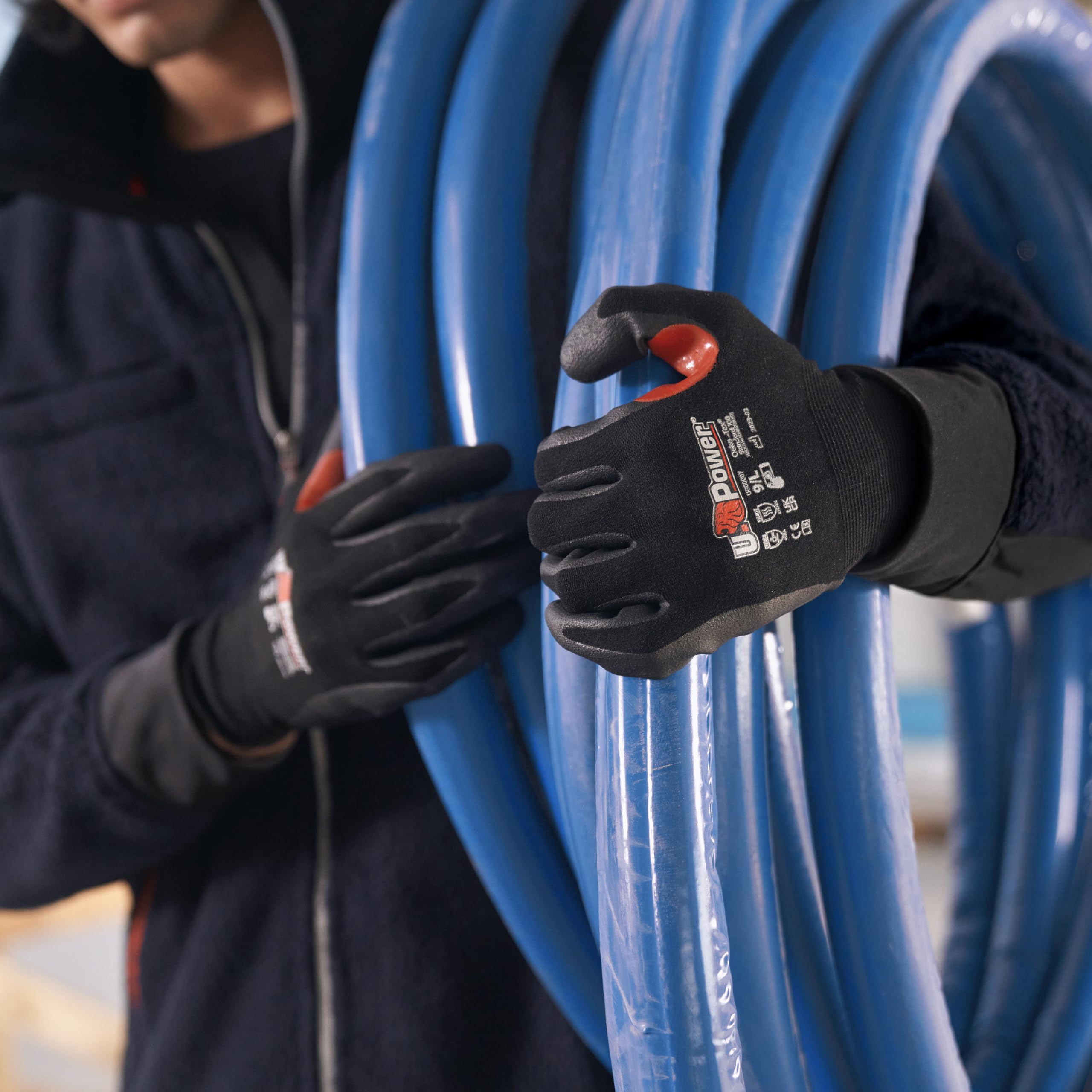 U Power Guantes de trabajo Flnt con soporte elástico de nailon recubrimiento de espuma de nitrilo refuerzo entre los dedos índice de protección contra riesgos mecánicos térmicos color negro rojo