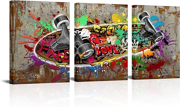 Biuteawal 3 Piece Skateboard Picture Teen Bedroom Decor Graffiti Wall Art Contemporary Skater Sports Canvas Print Vintage Artwork Framed Ready to Hang