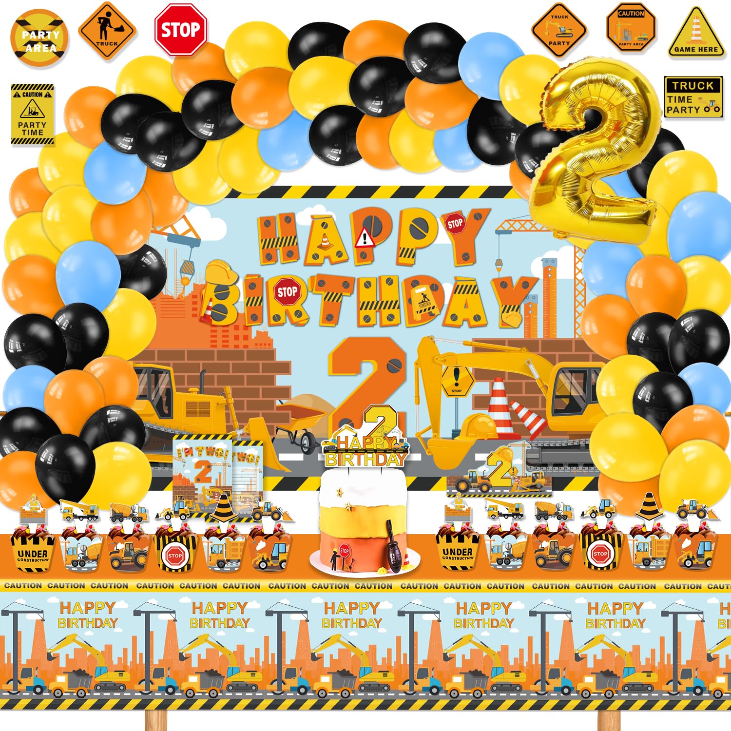Mpanwen Construction Birthday Party Supplies for 2 Year Old Boy, 139 Pcs Dump Truck Party Decorations for Boys Baby - Backdrop, Balloons, Cupcakes