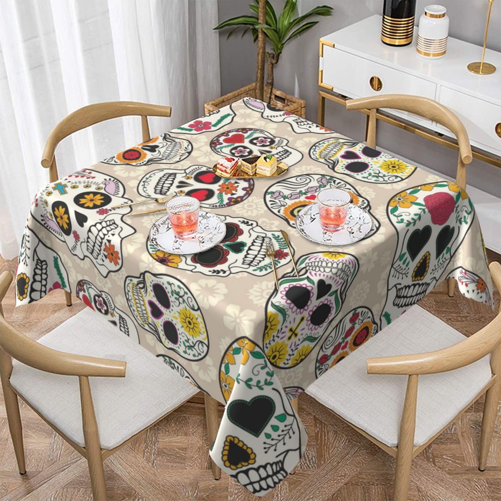 DCEHGEW Mexican Skull Prints Square Tablecloth 152x152 CM, Waterproof Fabric Table Cloth for Dining Table, Farmhouse Table Cover for Kitchen Dining Tabletop Decoration