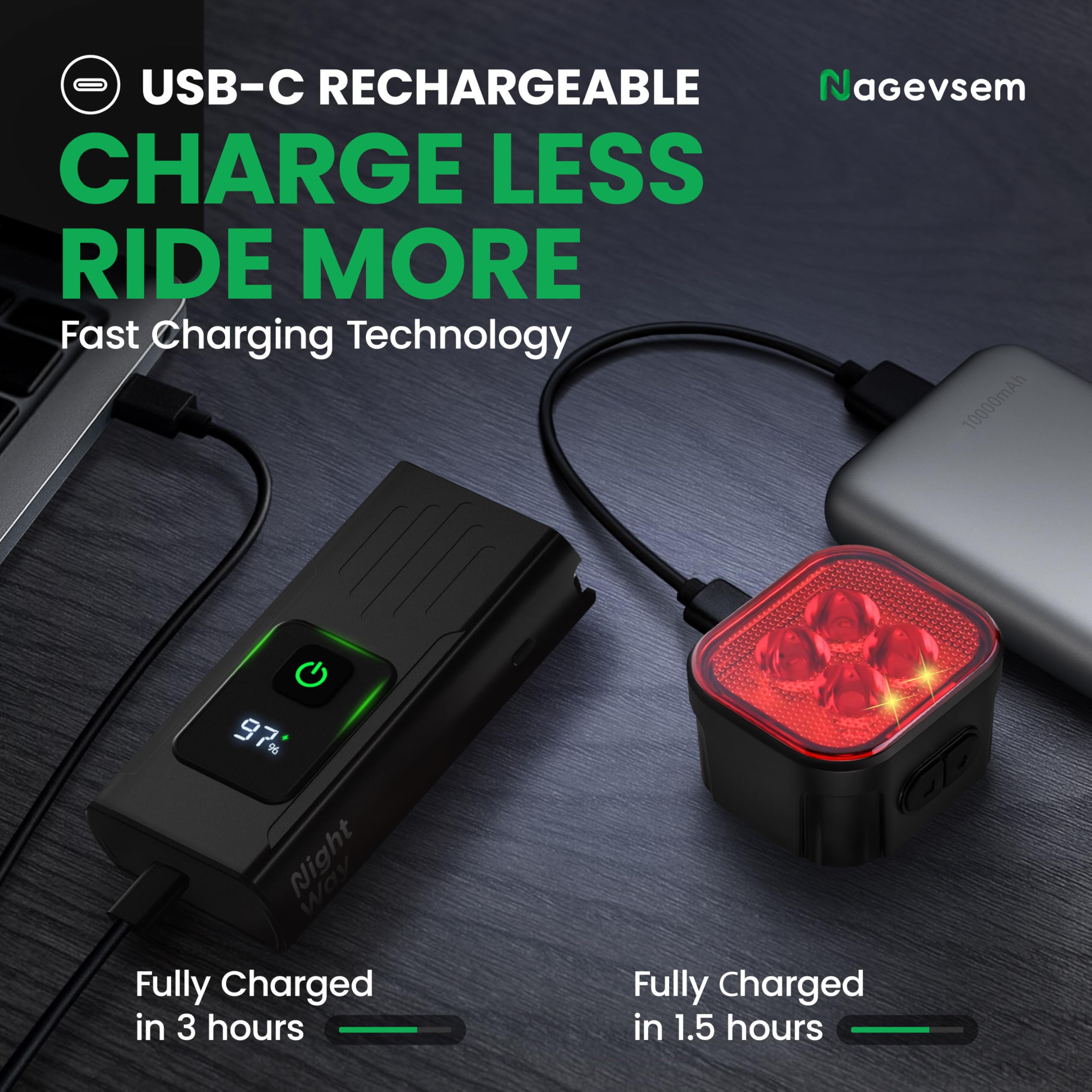 Set di luci per bici per guida notturna, LED ultra luminose ricaricabili USB-C, faro e fanale posteriore, luce di sicurezza anteriore e posteriore impermeabile, 12+6 modalità per ciclismo su