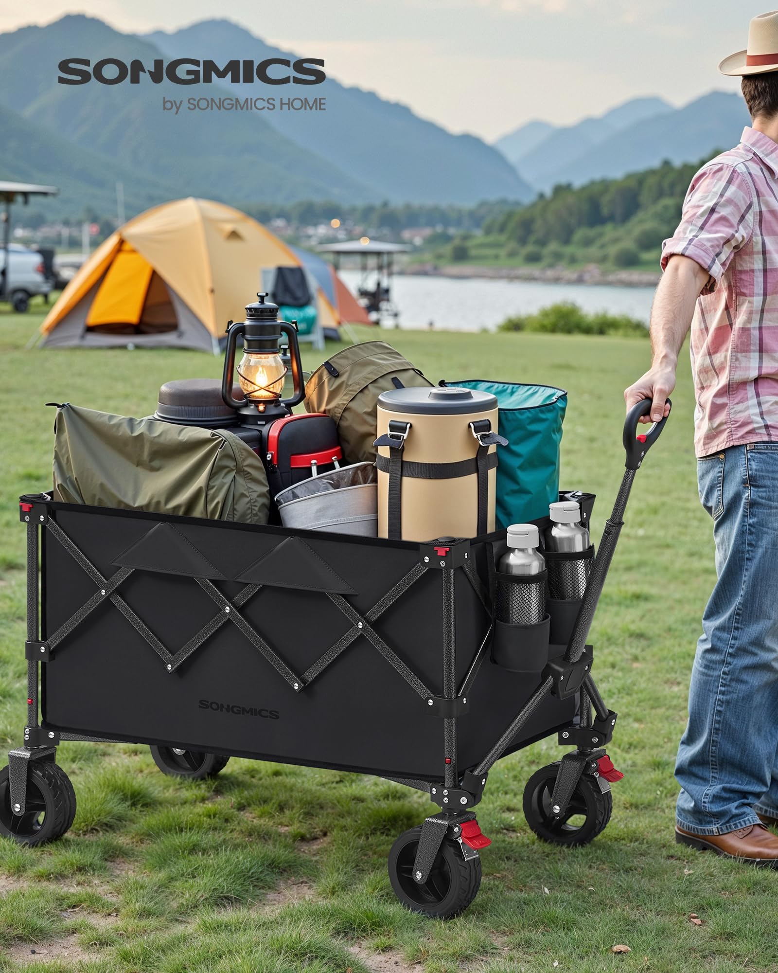 SONGMICS Chariot Pliable, Capacité de 150 L, Supporte Jusqu à 150 kg, avec Poignée, 4 Roues Amovibles, Chariot de Jardin, Économie d Espace, pour Extérieur, Plage, Camping, Noir d'encre GFW115B01