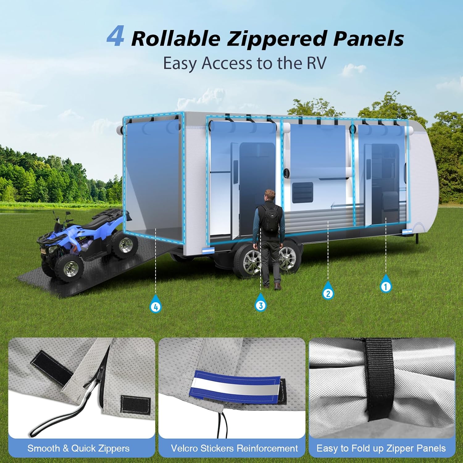 RV Cover Fits 20-22ft Travel Trailer, 7 Layers Heat & Cold Protection Travel Trailer Cover with 4 Zippered Access Panels Design, 10 Windproof Straps, Carry Bag, 4 Tire Covers, Gutter Covers