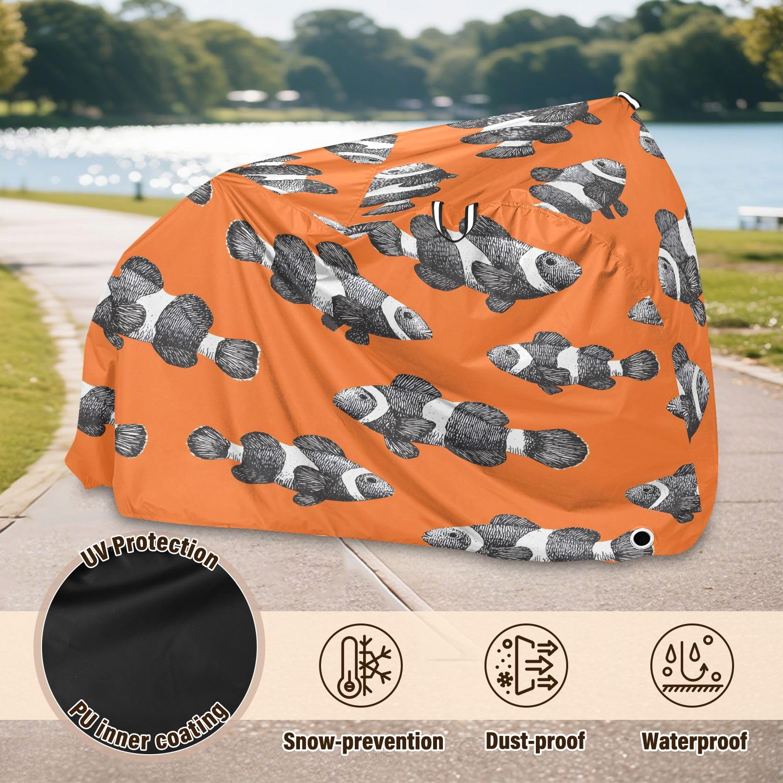 Pokrowiec na rower, wodoodporny, outdoorowy, rowerowy, motorower, wytrzymały, wiatroszczelny, ochrona przed słońcem, wzór błazenki