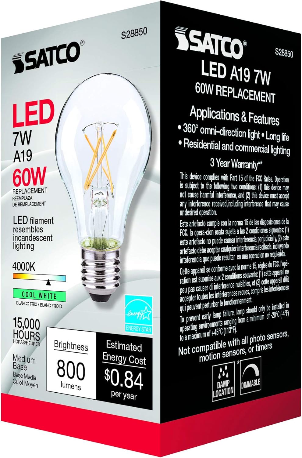 Satco S28850 7W LED A19; Clear; 4000K; 120V 6-Pack Non-Compliant Replaces S8850