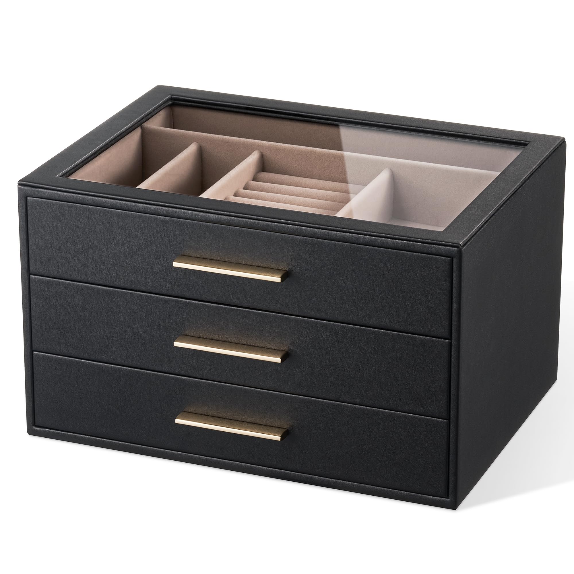 Portagioie organizer a 3 strati con finestra in vetro, nero | Pelle nera con velluto color cipria, supporto per anello, collana, braccialetto, spilla, orologio, ottimo regalo per lei