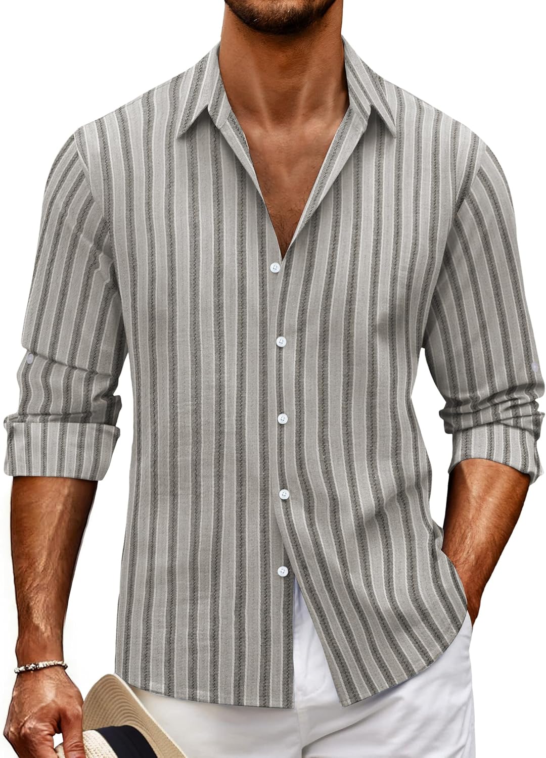 Ecosunny Men's Striped Button Down Shirts Long Sleeve Casual Textured Fall Regular Fit Work Dress Shirt - Image 2