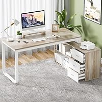 MAVERICKFURNI 55 Inch Reversible L-Shaped Desk with 3 Drawers, Monitor Stand & Storage Shelves - White Walnut Home Office