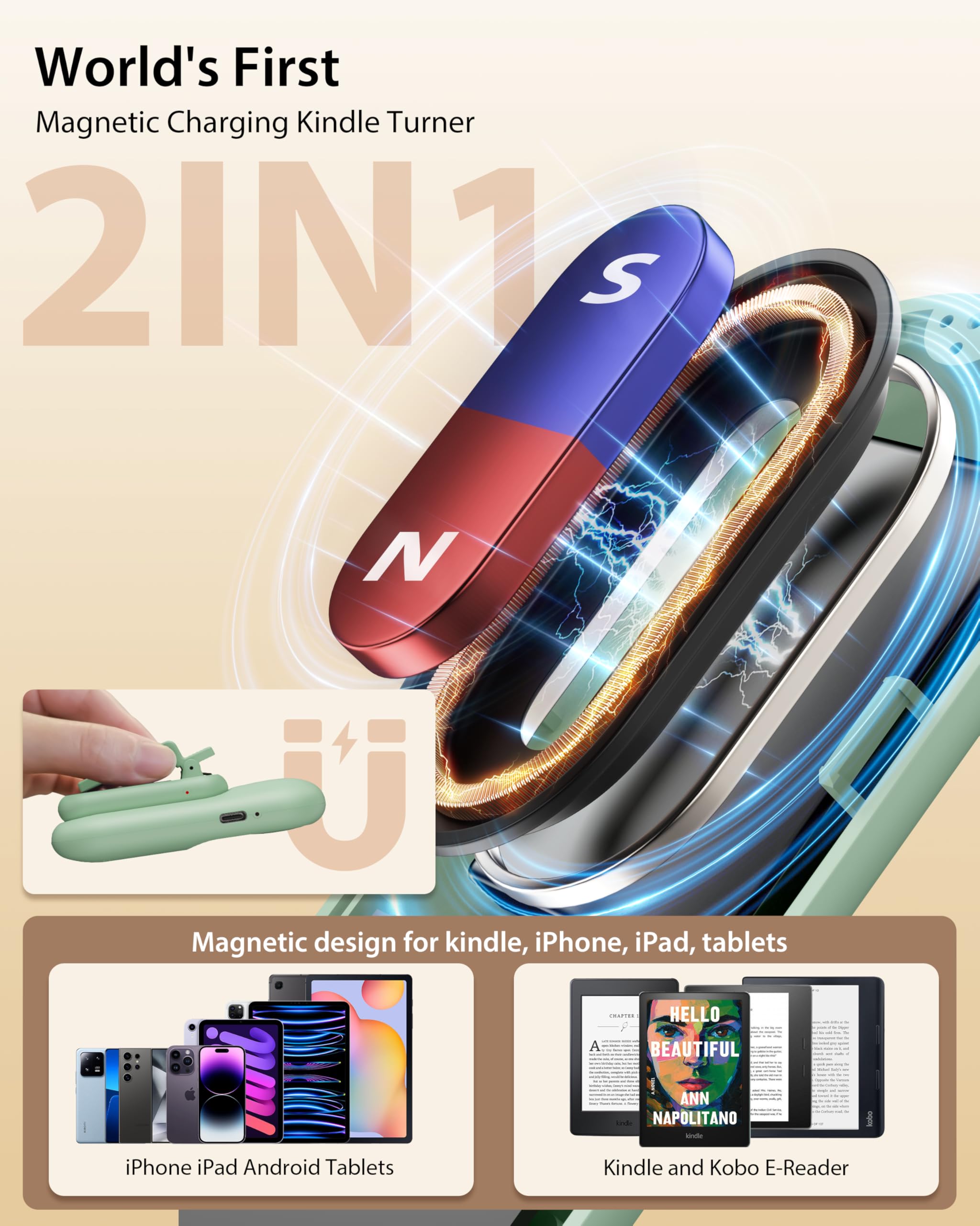 Stouchi 2 in 1 Magnetic Kindle Clicker Control Ergonomico per Kindle Paperwhite Colorsoft Oasis Scribe eReader iPad Tablet con Cinturino da Polso-Matcha