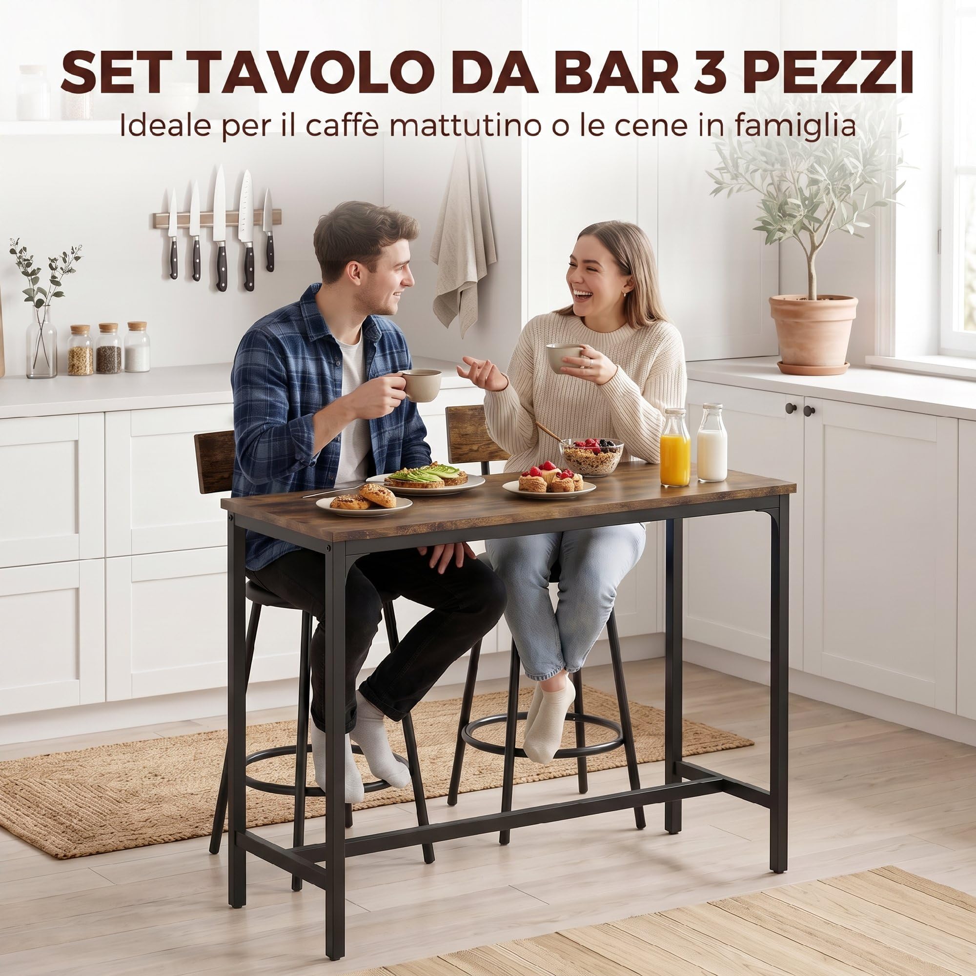 HOMCOM Tavolo Bar con 2 Sgabelli Alti con Schienale, Marrone Rustico | Set Tavolo e Sgabelli da Bar Salvaspazio, Poggiapiedi, Imbottitura Pelle PU, Gambe Metallo Industriale, Cucina Sala da Pranzo