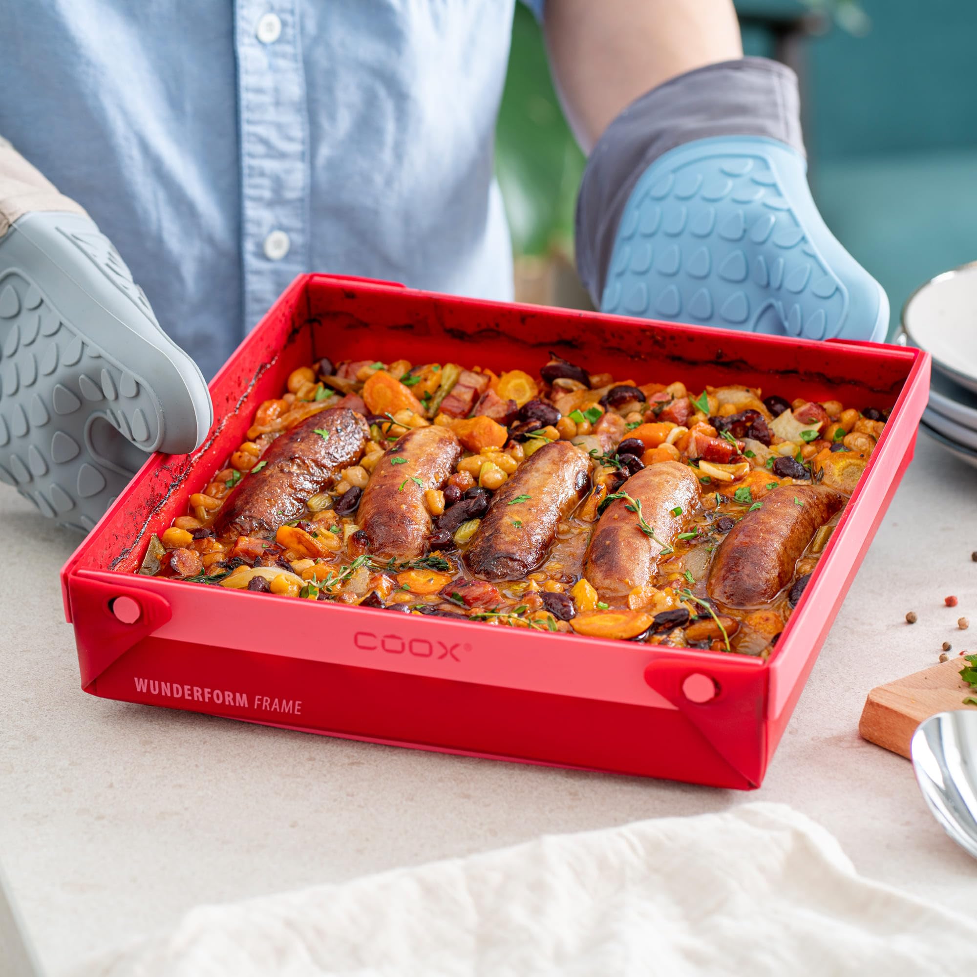 coox WUNDERFORM Frame MQ - die faltbare Kastenform mit Metallverstärkung - Backen & Servieren in Einem I Antihaft-Silikon I Spülmaschinenfest I Kein Stürzen I BPA-frei Rot