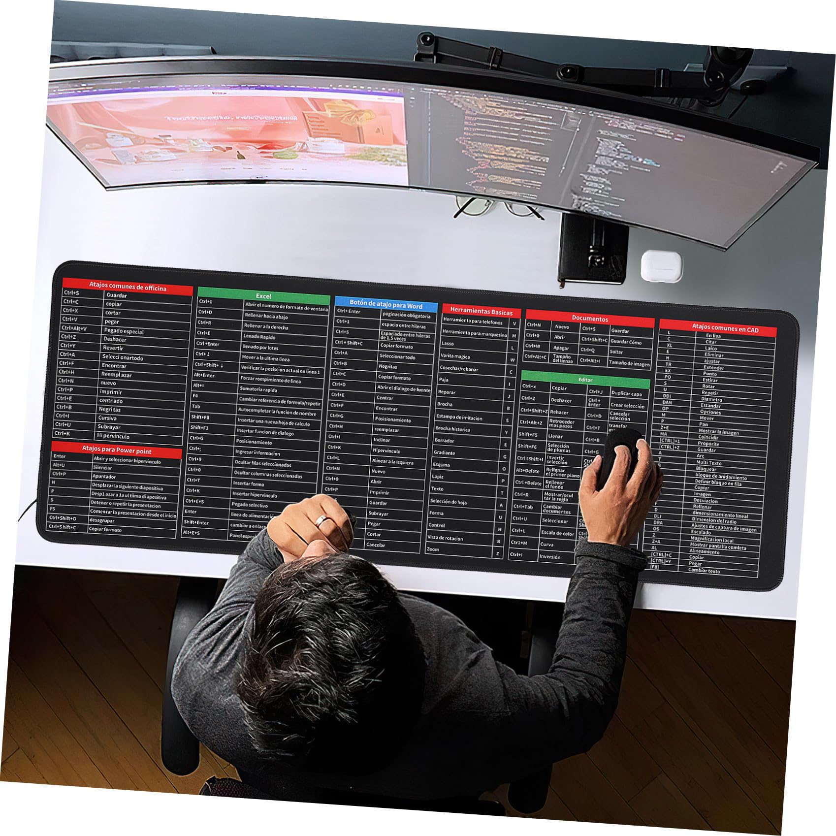 SUPVOX Tappetino Mouse Grande 300x800x3mm Scorciatoie da Tastiera in Spagnolo, Fondo Antiscivolo in Gomma, Tessuto Spesso per Ufficio, Gaming e Uso Domestico