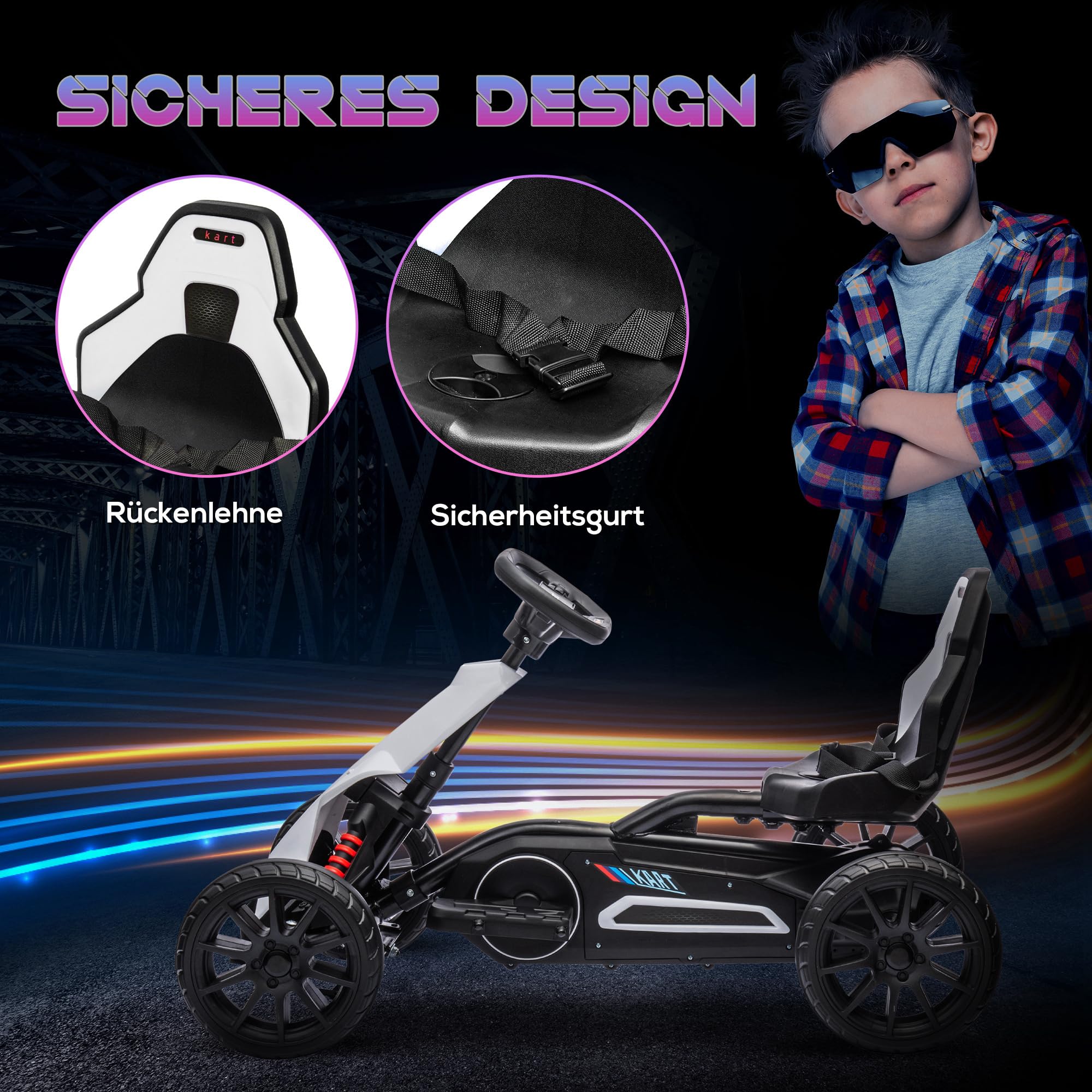 HOMCOM Kinder Elektro Gokart 12 V 3-5km/h Go Kart für 3-8 Jahre, Weiß | 2-Fach Verstellbarer Modus, Sicherheitsgurt, Lenkrad, Kinderfahrzeug