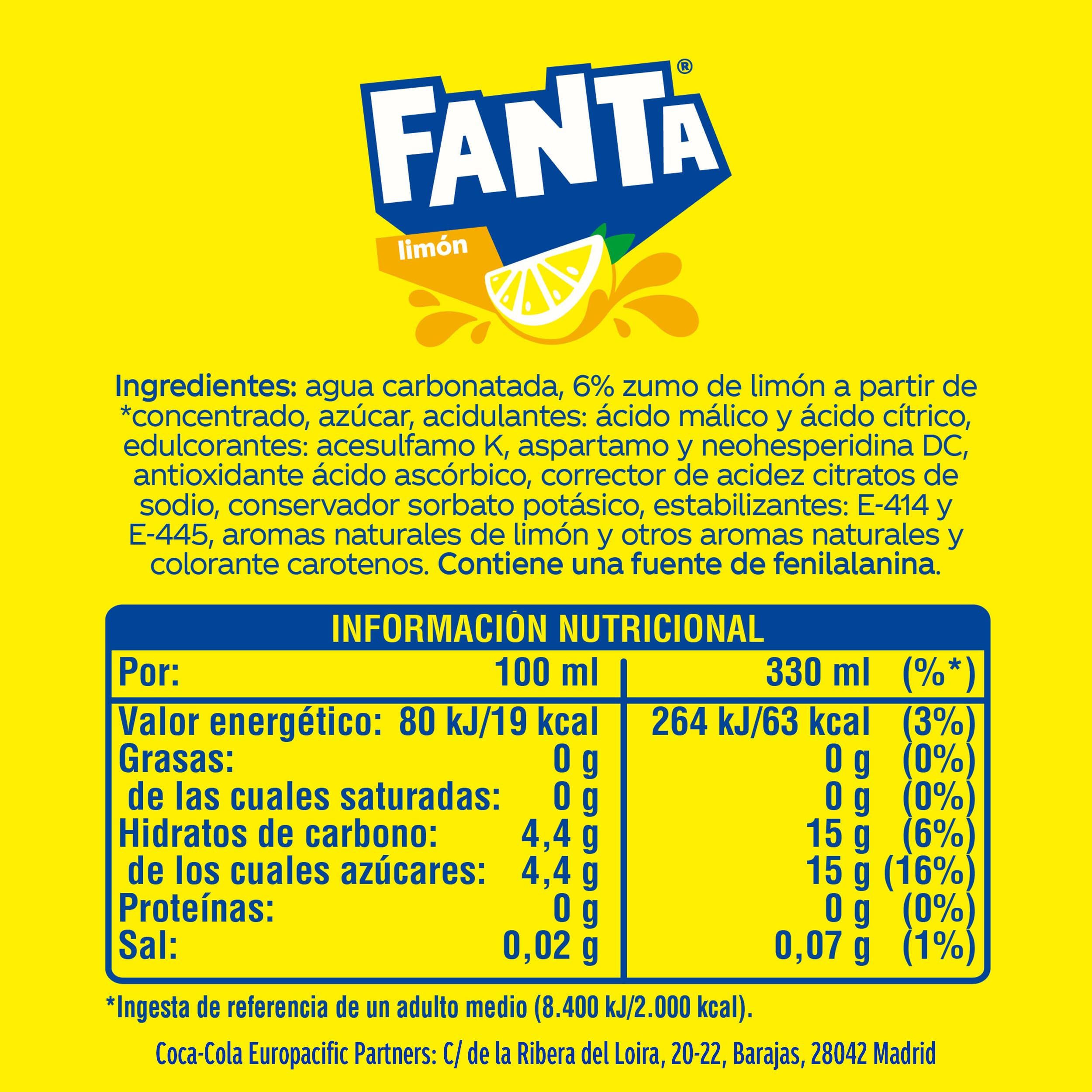 Fanta Limón, Refresco de Limón Elaborado a partir de Zumo, Bajo en Calorías - Pack de 9 Latas, 330 ml