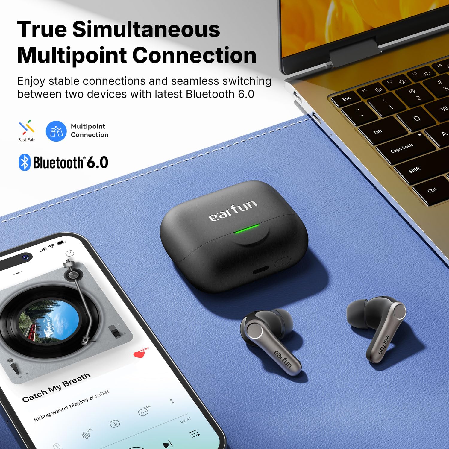 EarFun Air Pro 4+ słuchawki Bluetooth z redukcją szumów, hybrydowy system sterowników, Hi-Res Audio, aptX Lossless, LDAC, 6 Mik. AI połączeń, akumulator 54 godziny, multipoint, rozpoznawanie noszenia