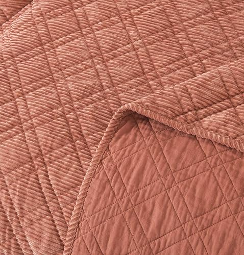 Miniatura 7 de DaDalogy Bedding - Juego de colcha de pana color naranja terracota, manta terrosa rústica y cálida coral ladrillo  Terciopelo suave ligero cosido