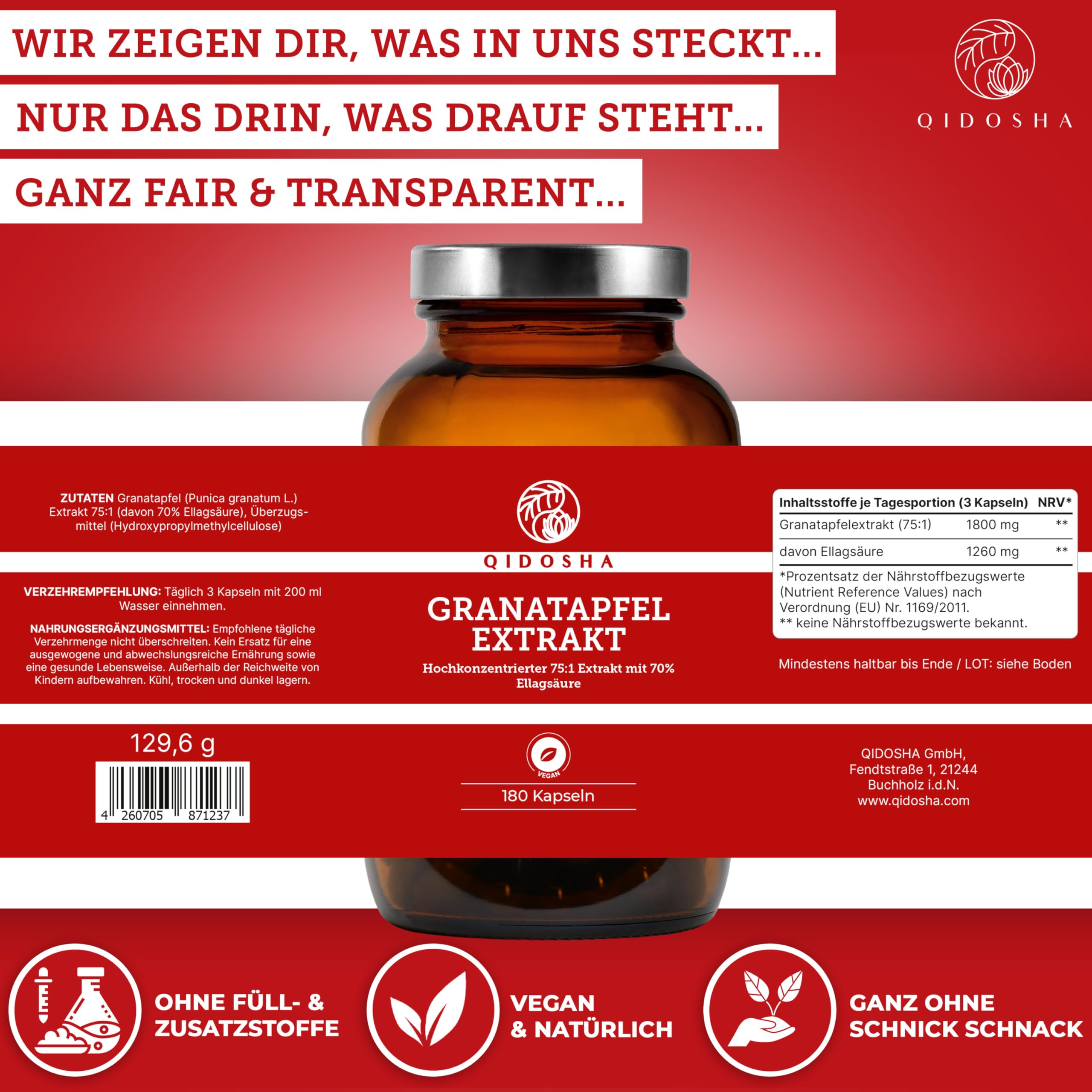 QIDOSHA® Granatapfel Extrakt Kapseln hochdosiert, 70% Ellagsäure, 180 Stk/Glas, 75:1 Premium-Extrakt mit 1800mg Granatapfel Extrakt je Tagesportion, vegan, deutsche Fertigung