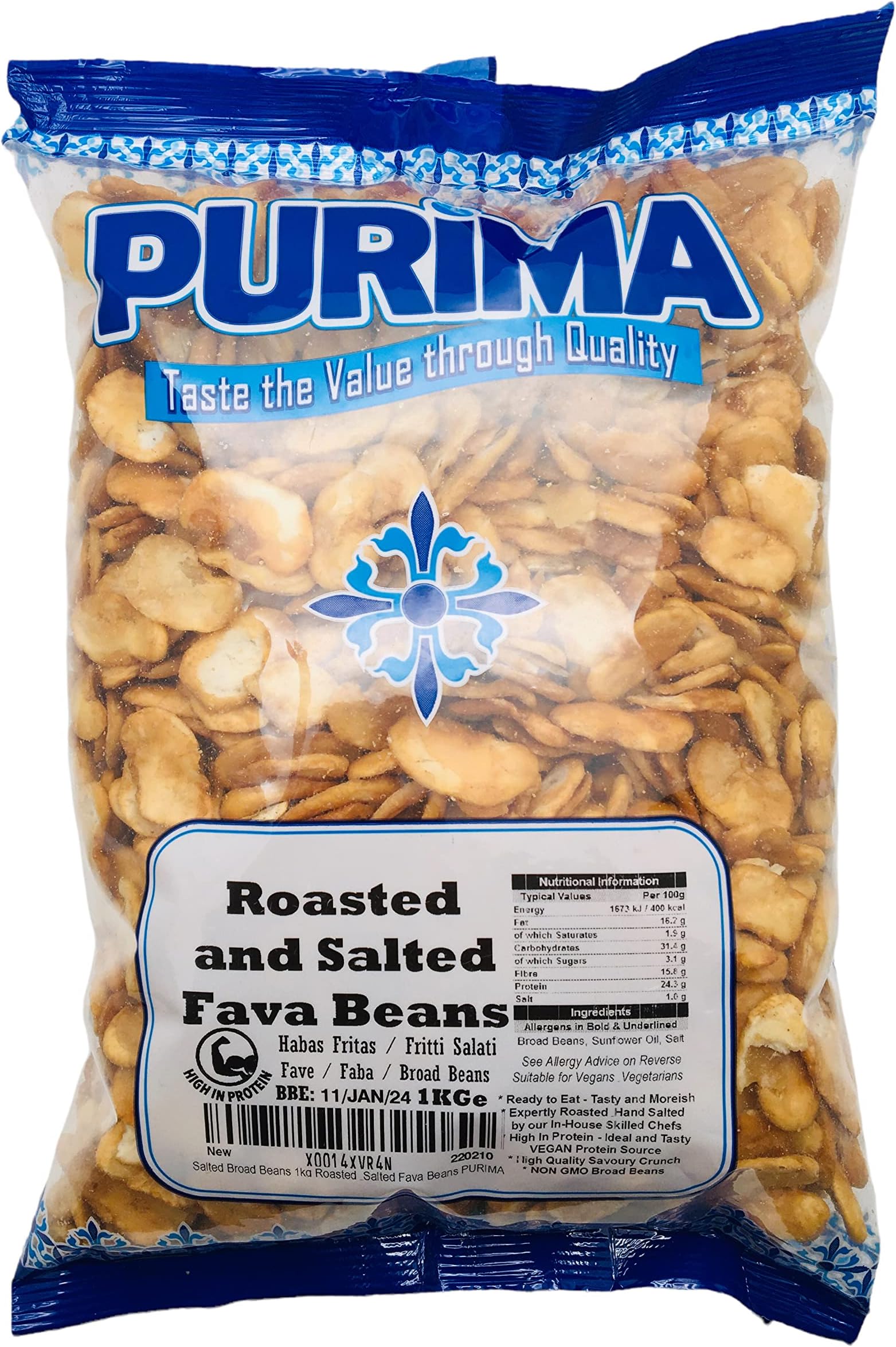Salted Broad Beans 1kg - Roasted Fava Beans - High Protein Keto Paleo Vegan Plant Based Flava Fave Bean โ Perfect Tasty Snack for Body Building and Fitness PURIMA
