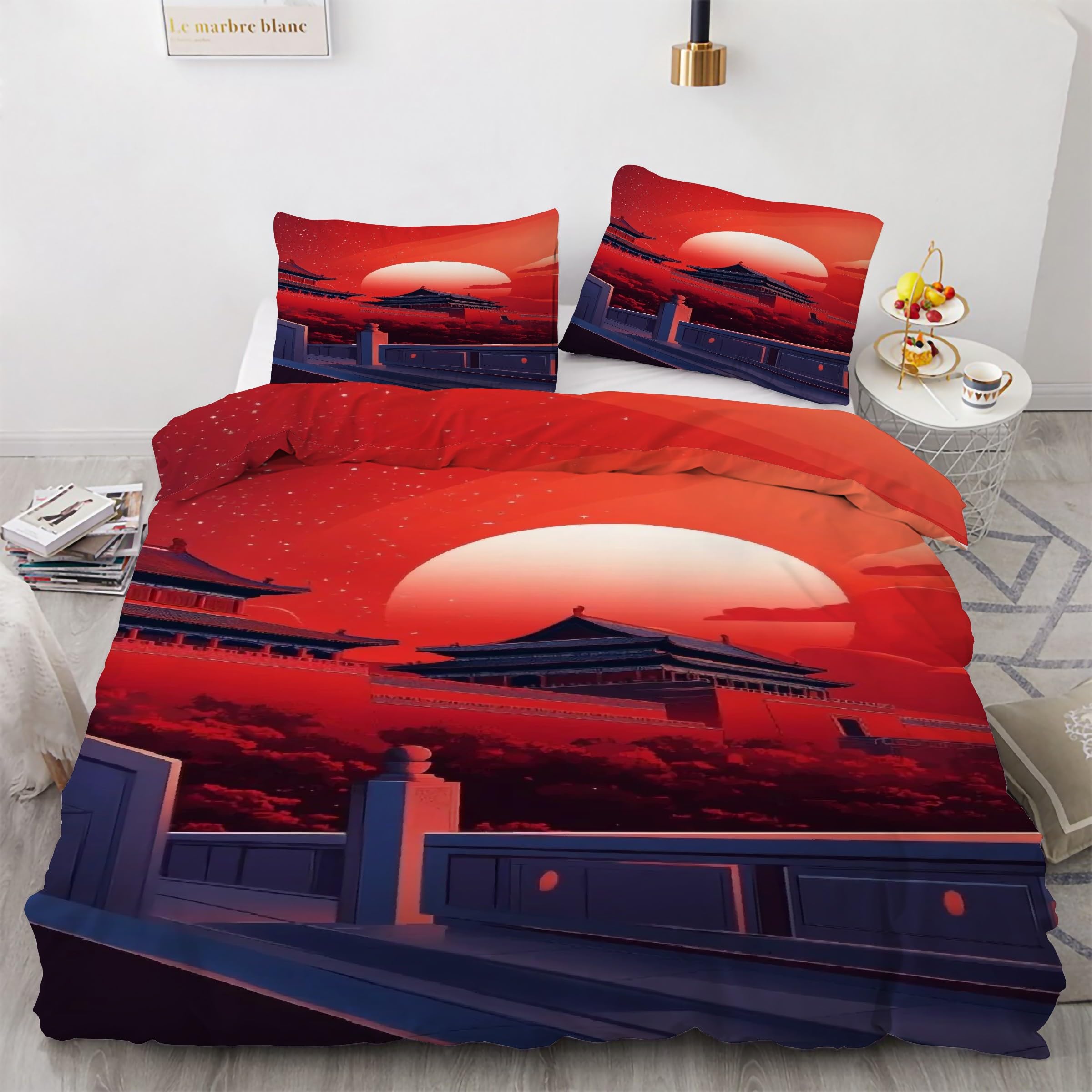 Fermeture Éclair Parure de Lit 220x240 Soleil Rouge Anti-Plis