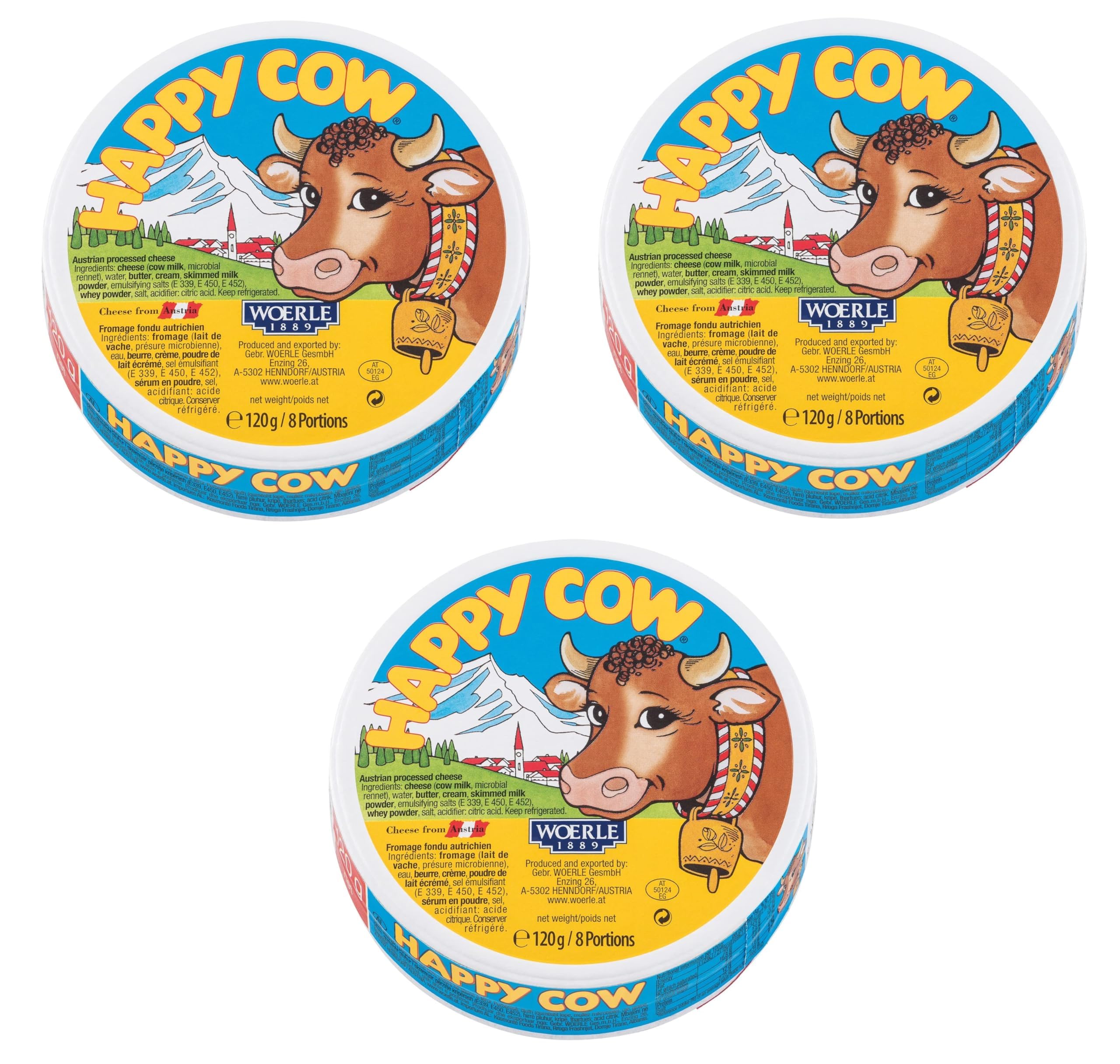 Happy Cows Austrian Processed Cheese, Each 120g, 8 Portions, X Pack Of 3