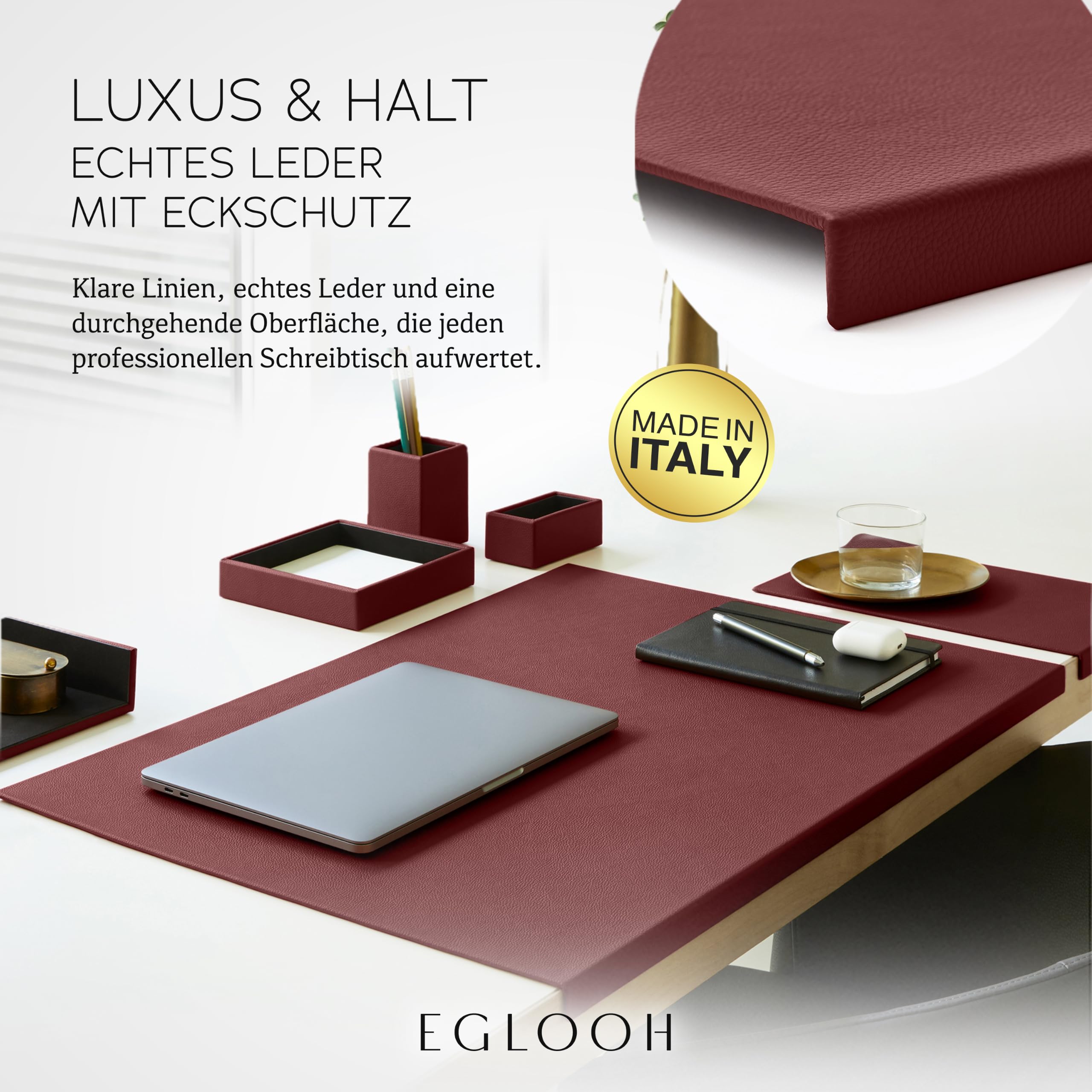 Eglooh - Adamantis - Schreibtischunterlage Echtleder mit Kantenschutz - Leather Desk Mat Nahtlos & Rutschfest - Büro Zubehör Made in Italy