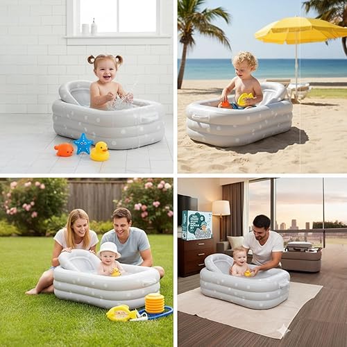 Miniatura 4 de Juego completo de bañera inflable para bebé, bañera portátil antideslizante con cojín para recién nacido, termómetro flotante, 3 juguetes de baño y