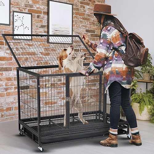 Miniatura 2 de Jaula de perro resistente de 48 pulgadas para perros medianos y grandes, tamaño completo, puerta abierta y cerraduras a prueba de escapes, jaula de