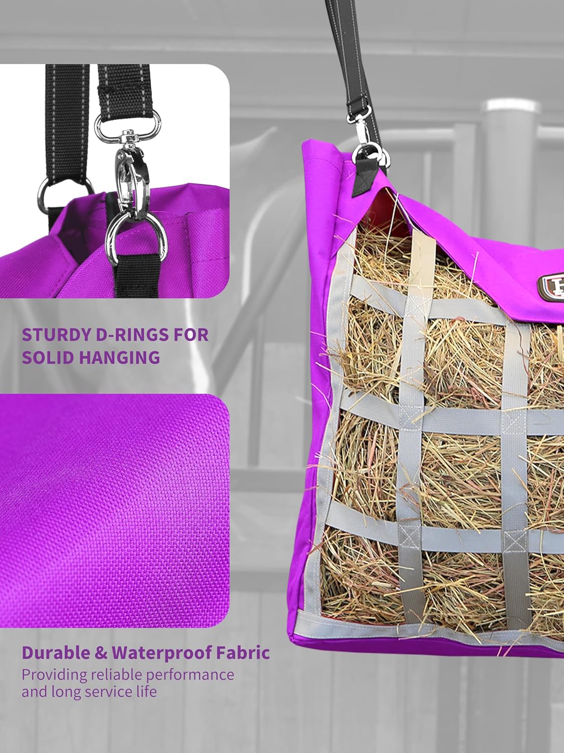 Harrison Howard 3/Pack Combo 2 Sided Design Slow Feed Hay Bag for Horses, Horse Hay Feeder Bag for Stable, Trailer & Fence with Dual Openings-3 PCS Purple
