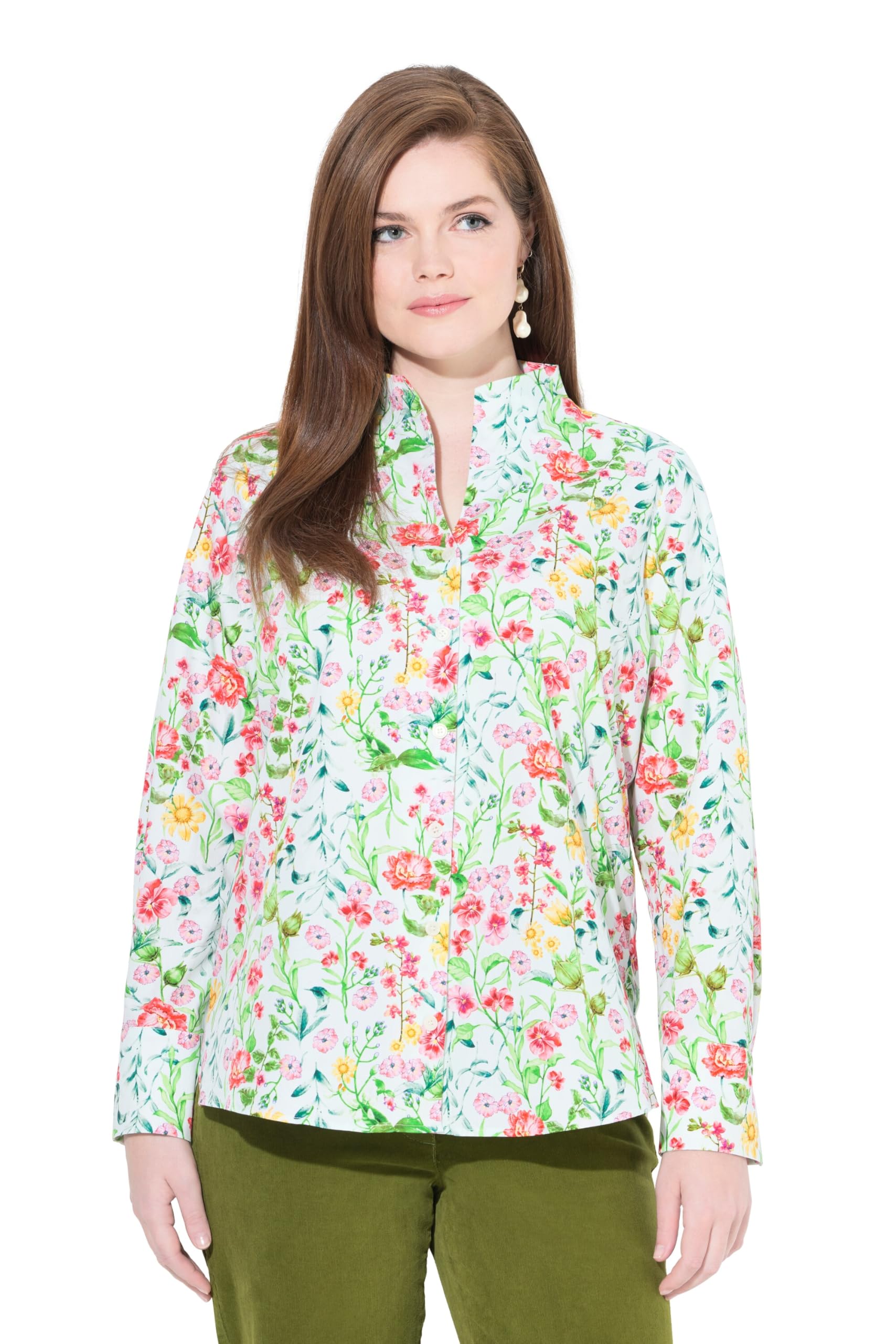Ulla Popken Damen große Größen Übergrößen Plus Size Bluse, Blüten, Kelchkragen, V-Ausschnitt, Langarm 841194