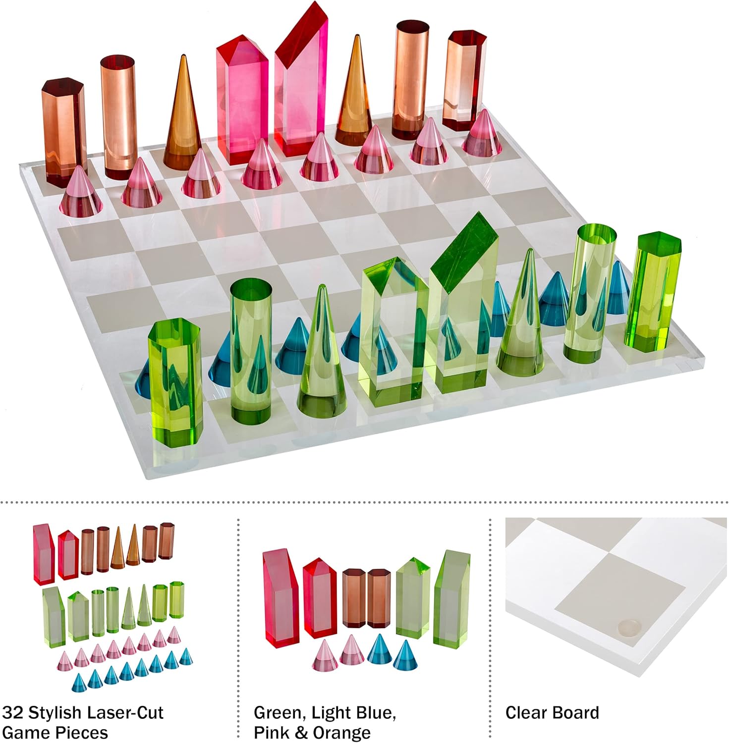 Modern Chess Set - Acrylic Chess Board with 32 Colorful Game Pieces - Unique Tabletop Decor Item with Functional Gameplay