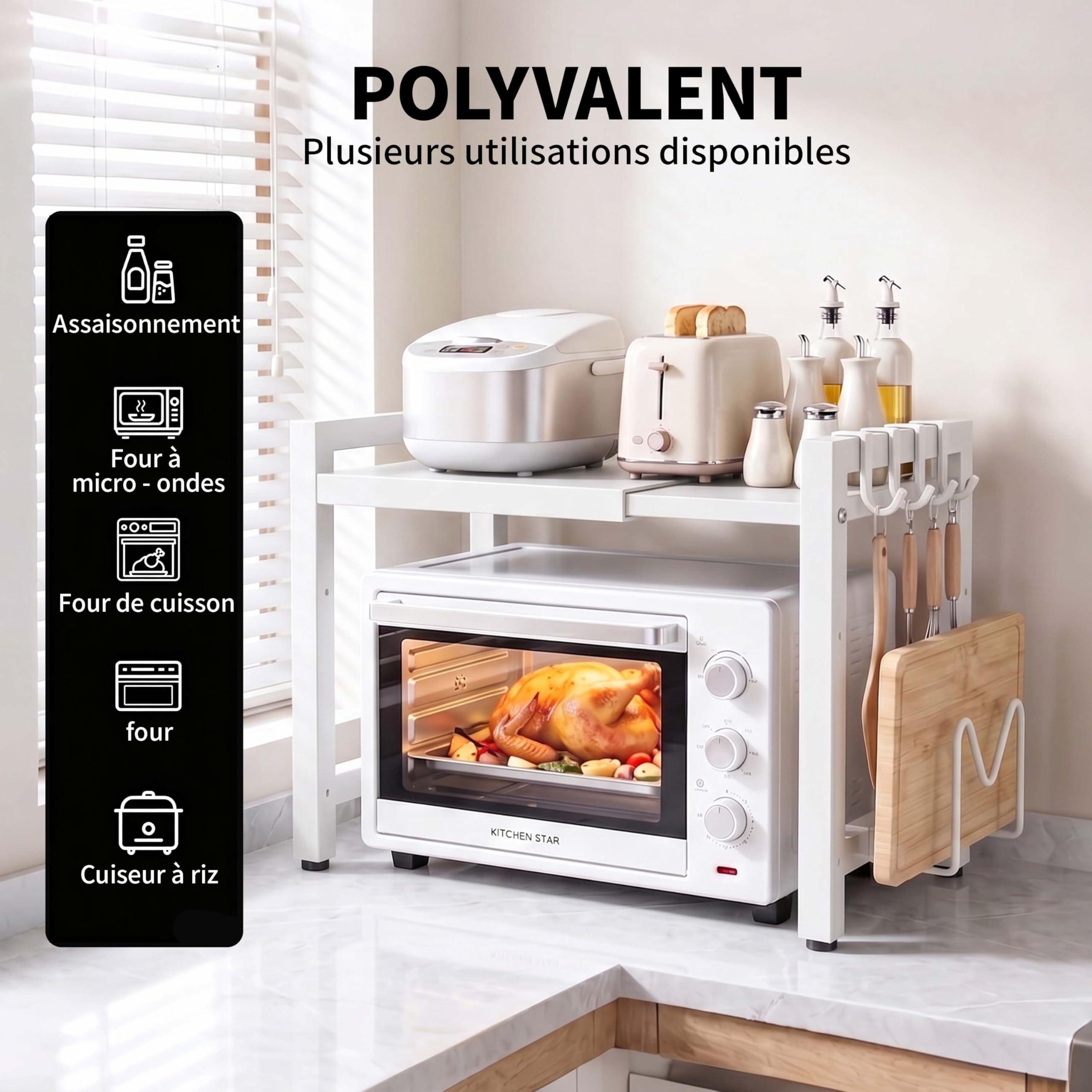 Étagère Extensible à 3 Niveaux pour Micro-Ondes,Métal Four à Micro-Étagère pour Micro,support pour four,Salle à Manger avec Crochets,pour Micro Ondes pour comptoir de Cuisine (Blanc TL3, 2 Niveaux)