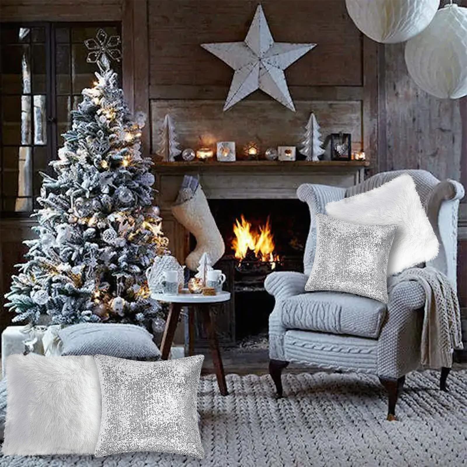 Grigio) Federa per cuscino quadrata con paillettes glitterate da 40 cm