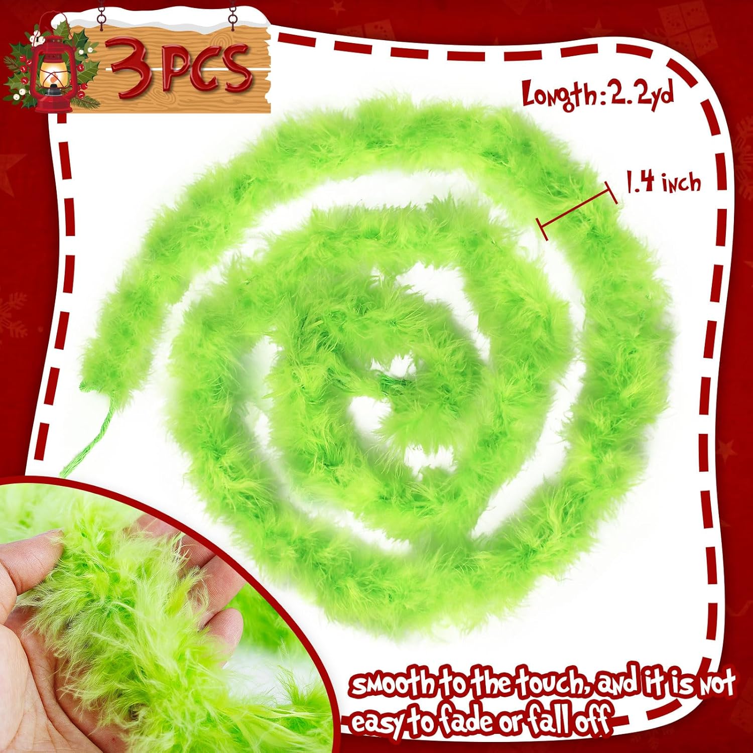 3 Pcs 20 Ft Christmas Garland for Tree,Faux Feather Christmas Tree Garland,Lime Green Garlands for Tree Stairs Mantle Railing Indoor Outdoor Xmas Decorations