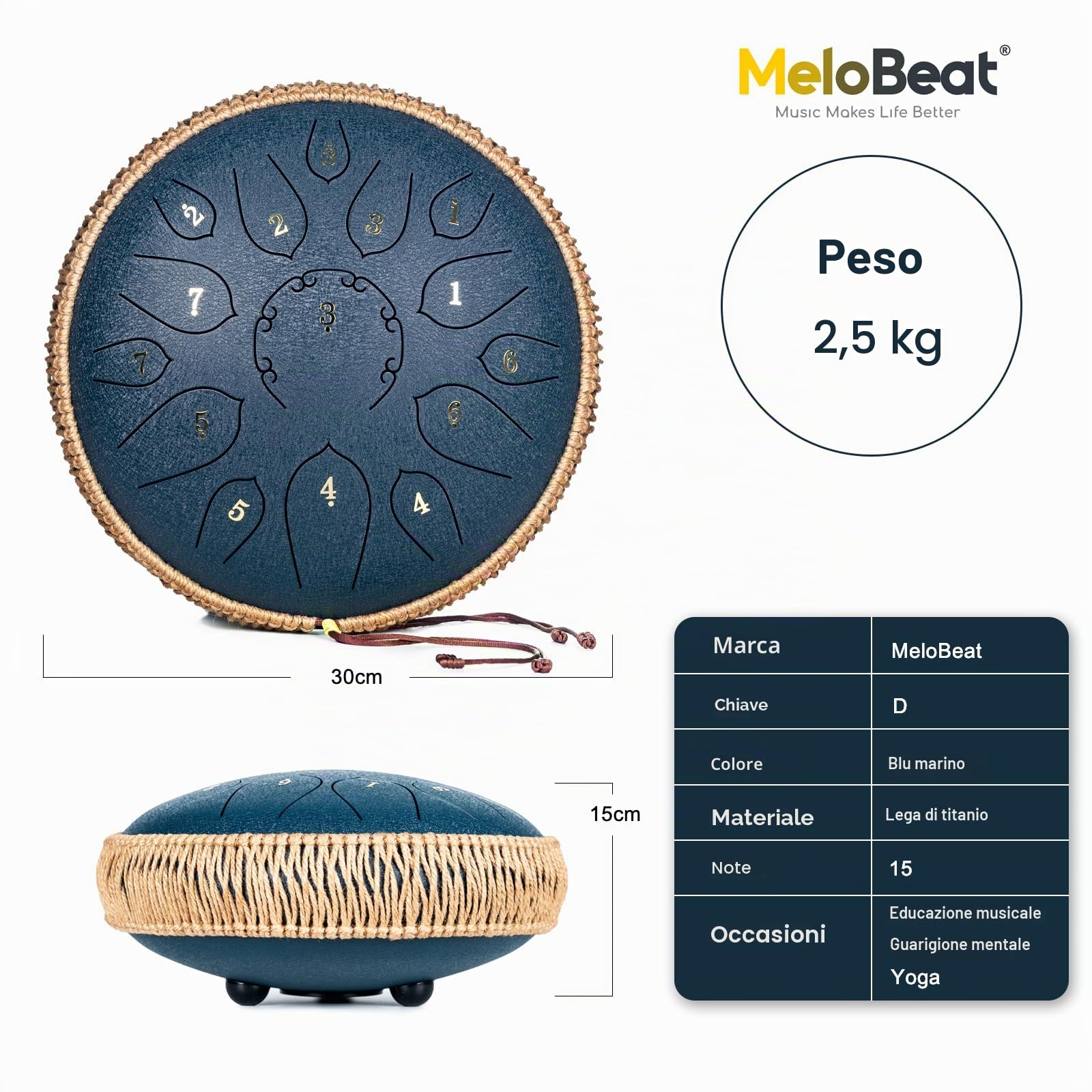 MeloBeat Steel Tongue Drum Handpan - Tamburo in Acciaio 12 Pollici 15 Note - Set Professionale di Tamburi a Lingua in D Maggiore Incluso Libro delle Canzoni per Tamburo con Custodia (Blu Scuro)