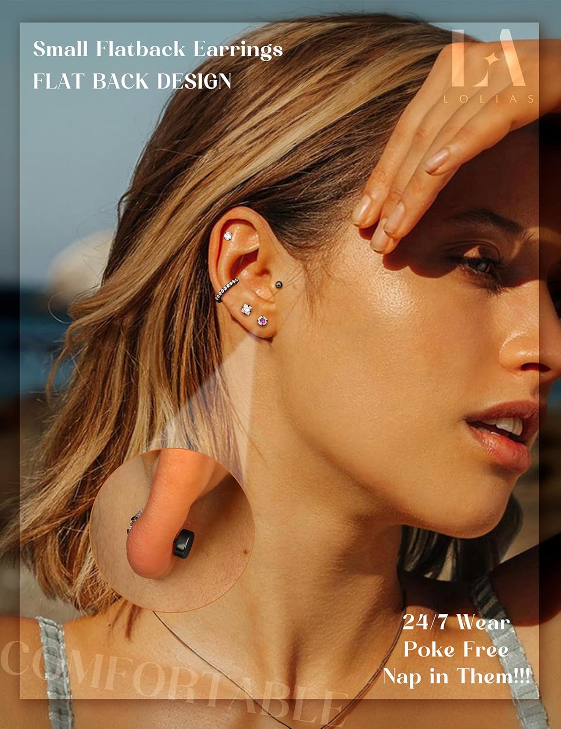 LOLIAS Hypoallergenic Flat Back Earrings for Women-Surgical Steel Earrings for Sensitive Ears 20G Stainless Steel Earring Stacks Small Flatback Stud Hoop Cartilage Earring - Image 2