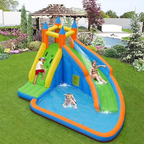 Vista 18 de HONEY JOY Tobogán acuático inflable, parque acuático gigante, castillo hinchable para patio trasero, pared de escalada, piscina de chapoteo