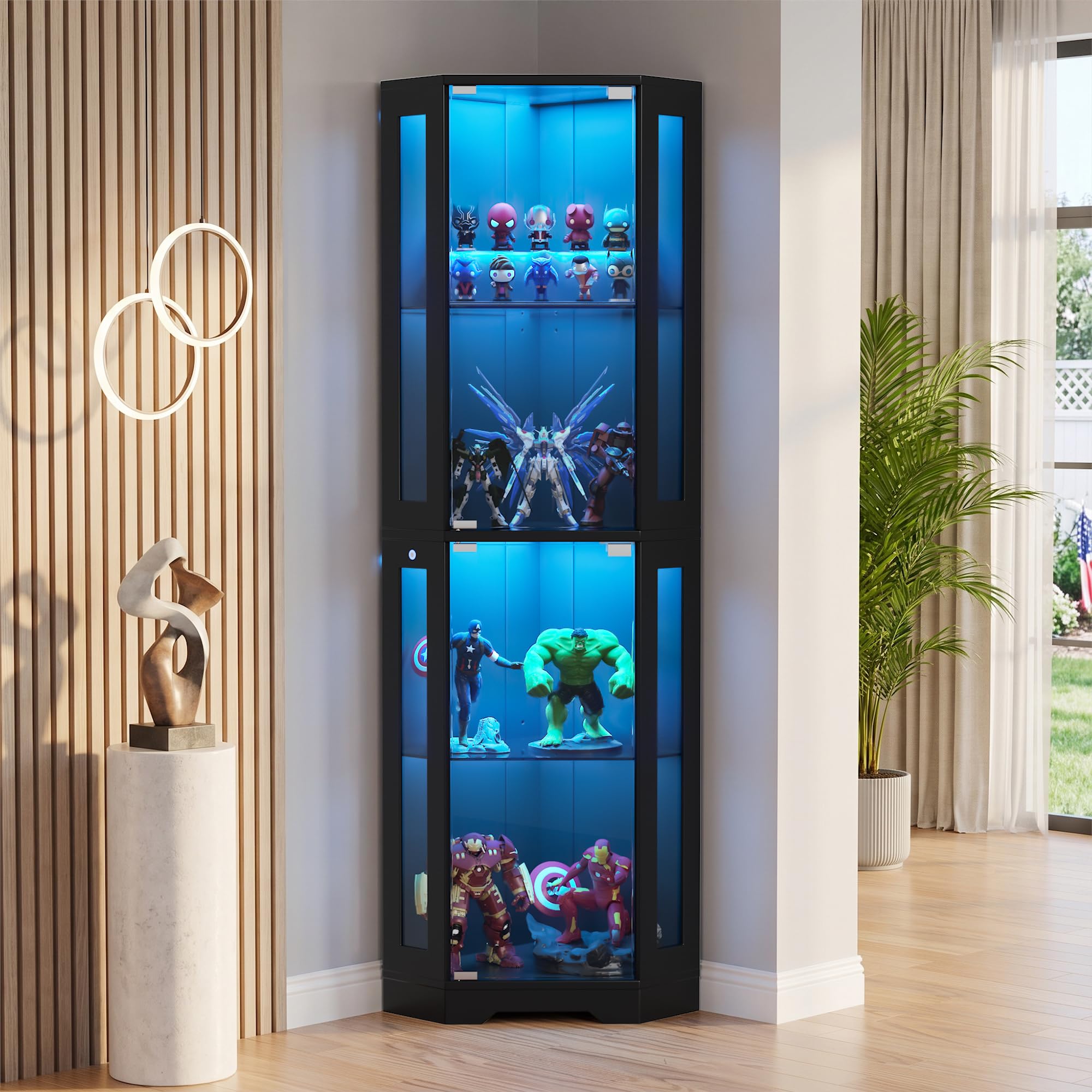 Eckvitrine mit Glastüren, Tall 165cm Eck Bücherregal mit 3 Farben Led Beleuchtung, 4-Ebenen Vitrinenschrank, Sammlervitrine für Wohnzimmer Schlafzimmer Büro, Schwarz