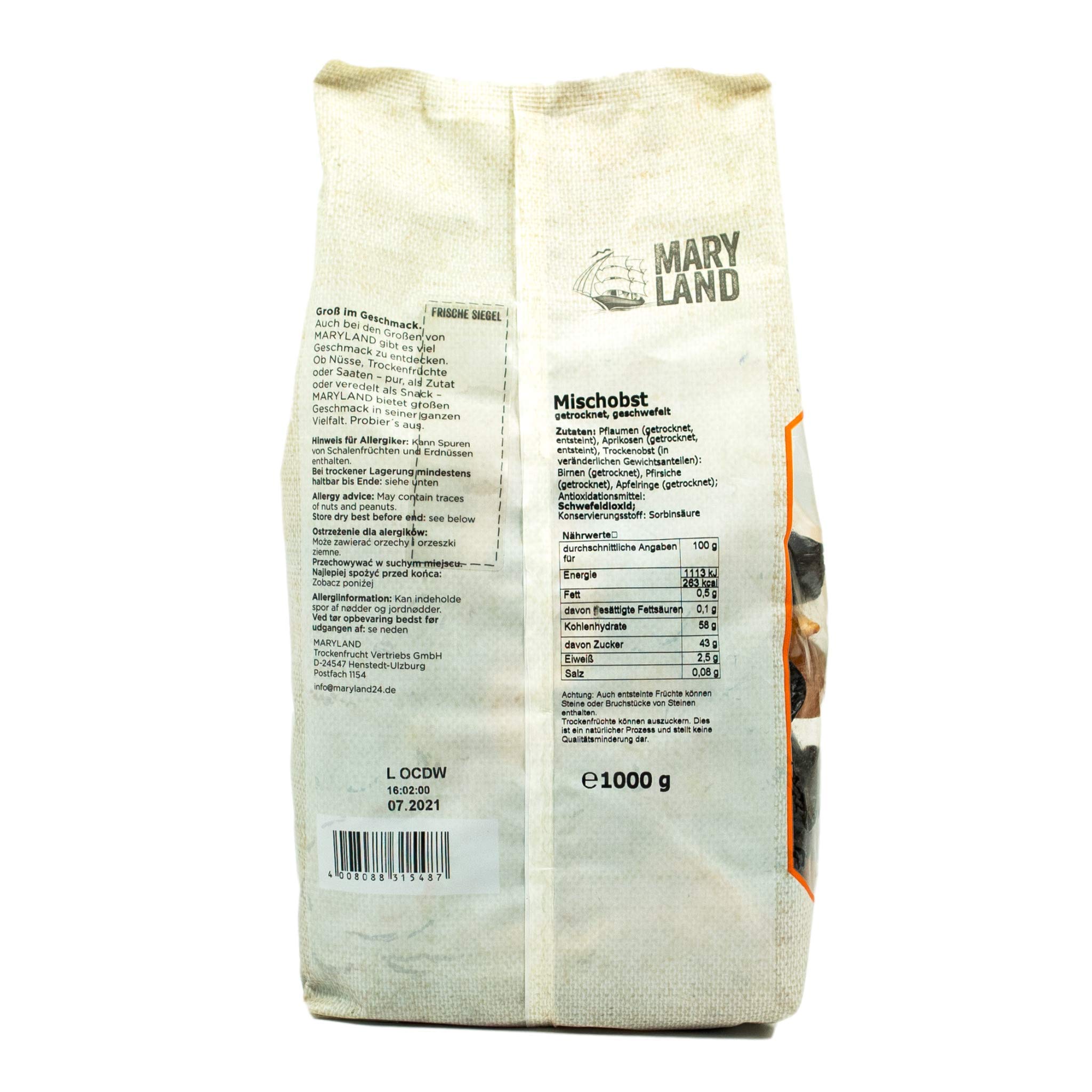 Maryland - 5er Pack Mischobst Trockenfrüchte mit 5 verschiedenen Früchten 1 kg Packung - Getrocknete Früchte Trockenobst Mischung mit Apfelringen, Pflaumen, Aprikosen, Birnen & Pfirsichen (entsteint)