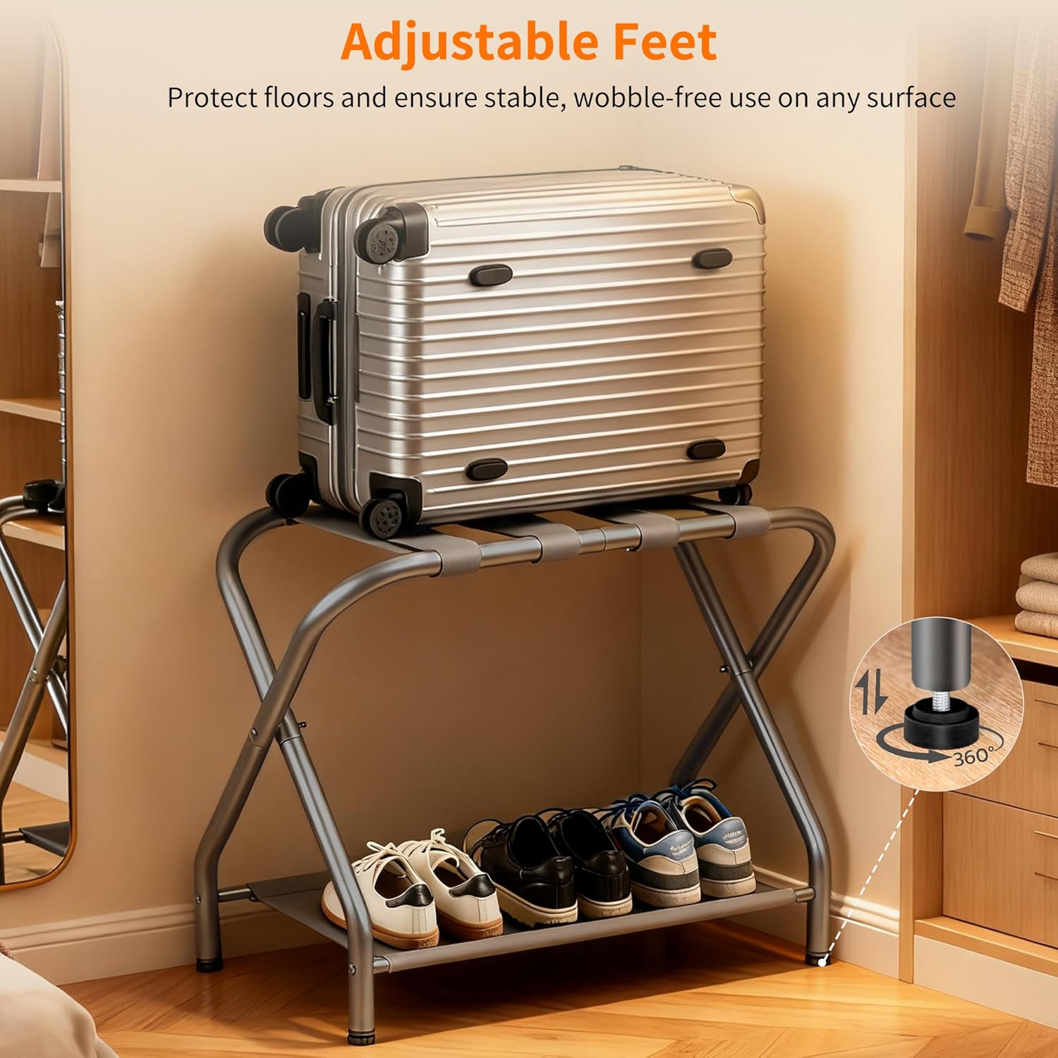 Heybly Luggage Rack for Guest Room, Pack of 2, Steel Folding Suitcase Stand with Storage Shelf for Bedroom, Hotel, Foldable Steel Frame, Guest Room, 26.2" L x 14.4" W x 20.5" H, Gray HLR004G2