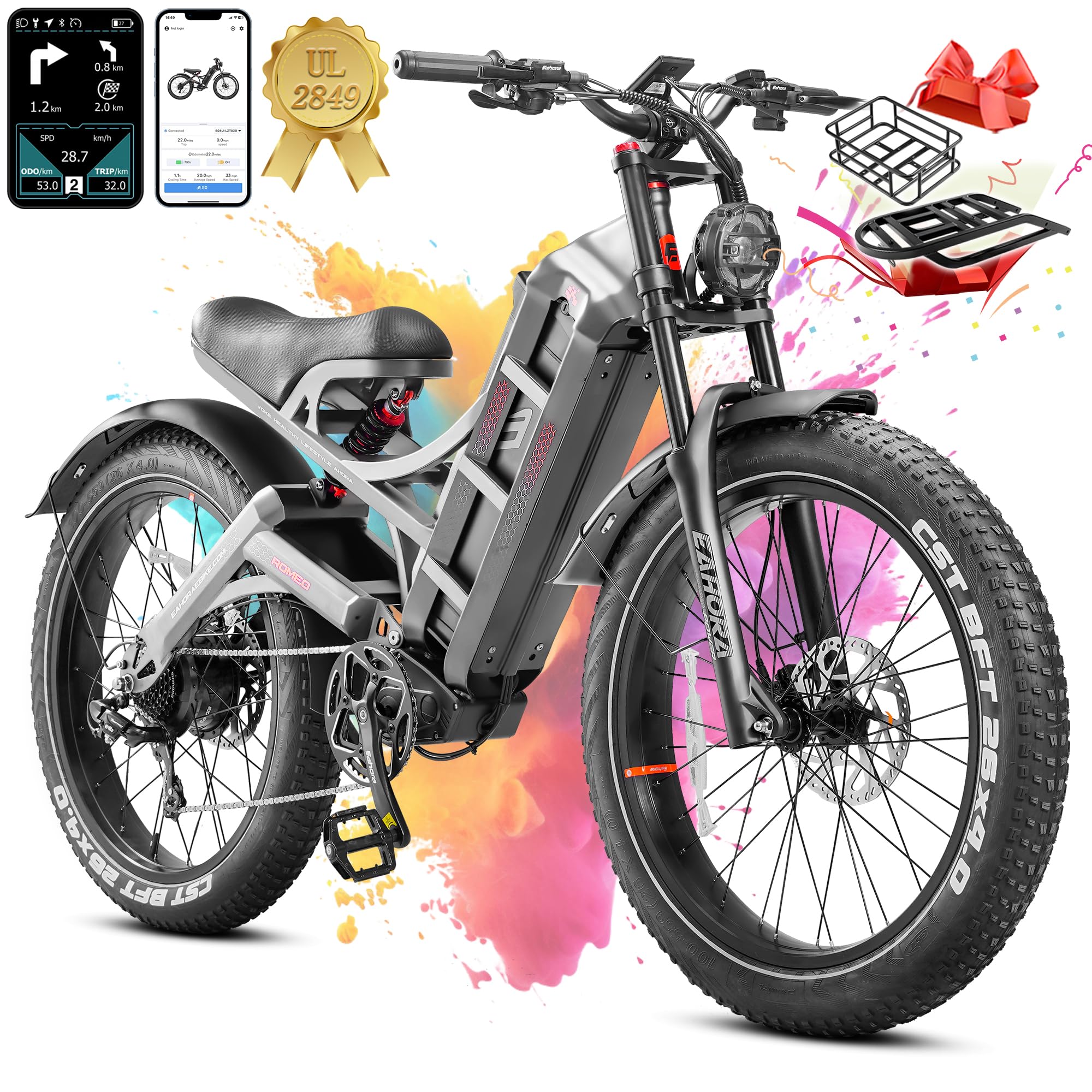 eAhora 2025 Romeo Pro 3/2 50-46Mph Electric Bike for Adults, 5600W/4000W Dual Motor Ebike, 60V/80Ah 52V/70Ah 200+Miles Long Range E-Bike, 26 * 4.0" Fat Tire Full Suspension Electric Mountain Bike