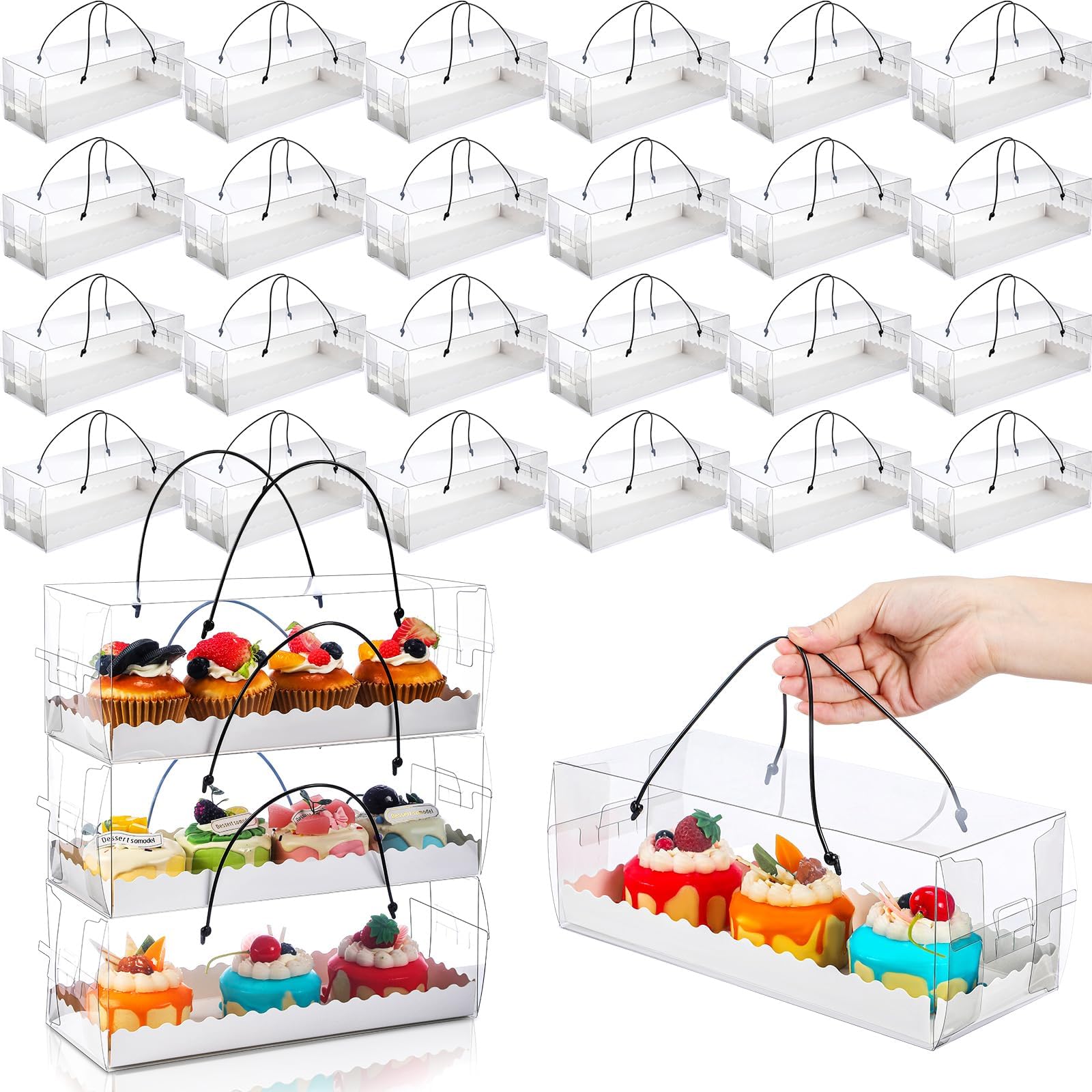 30 Pcs 4 Counts Clear Cupcake Boxes with Handle and Paperboard 10.8'' x 4.3'' x 4'' Bakery Cake Boxes Rectangular Plastic Cupcake Roll Containers Portable Treat Dessert Gift Boxes for Cupcake