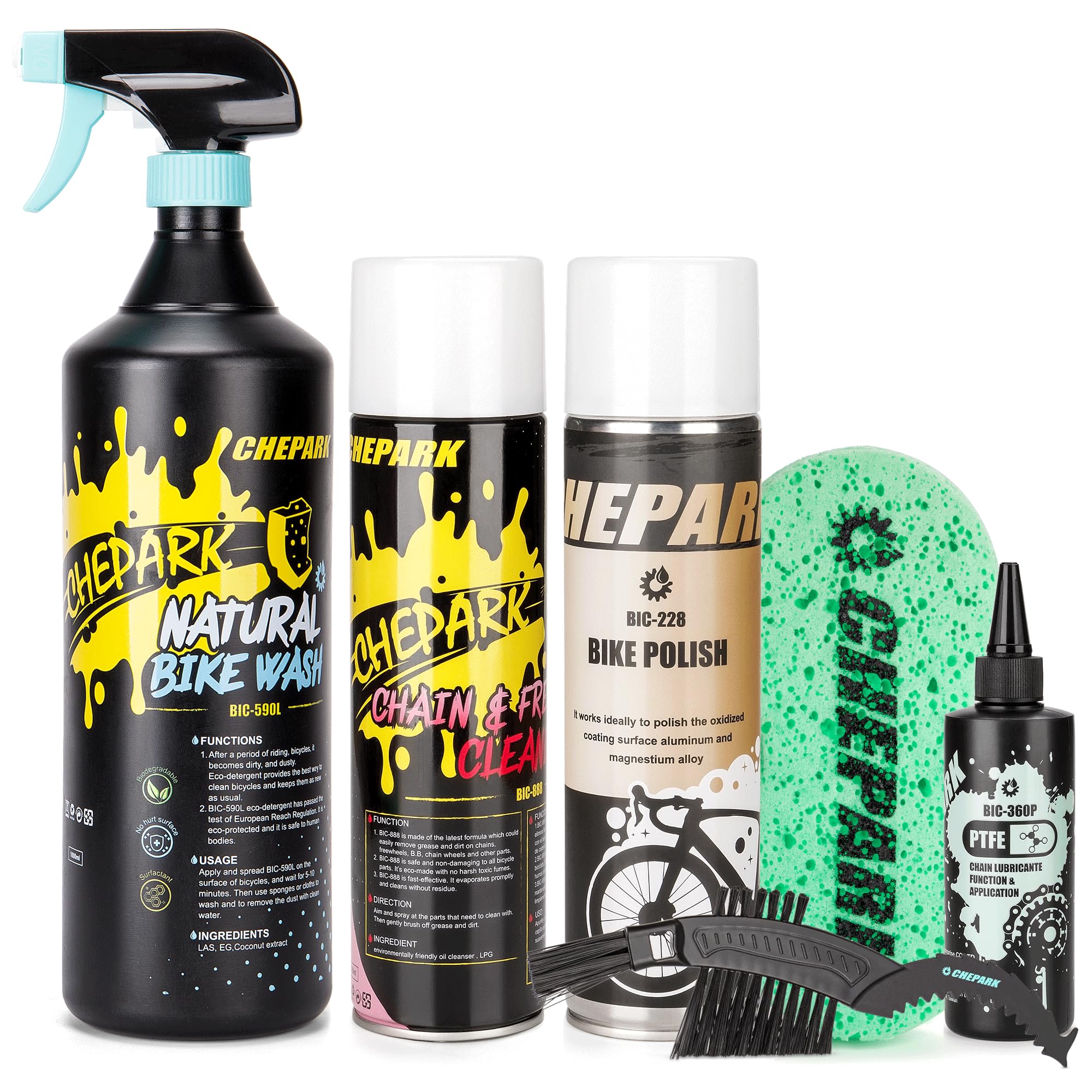 Fahrrad-Reinigungsset – Fahrradwäsche & Antriebsreinigungs-Kit mit Fahrradreiniger, Fahrrad-Entfetter, PTFE-Schmiermittel, Fahrradpolitur, Reinigungsbürste und Schwamm