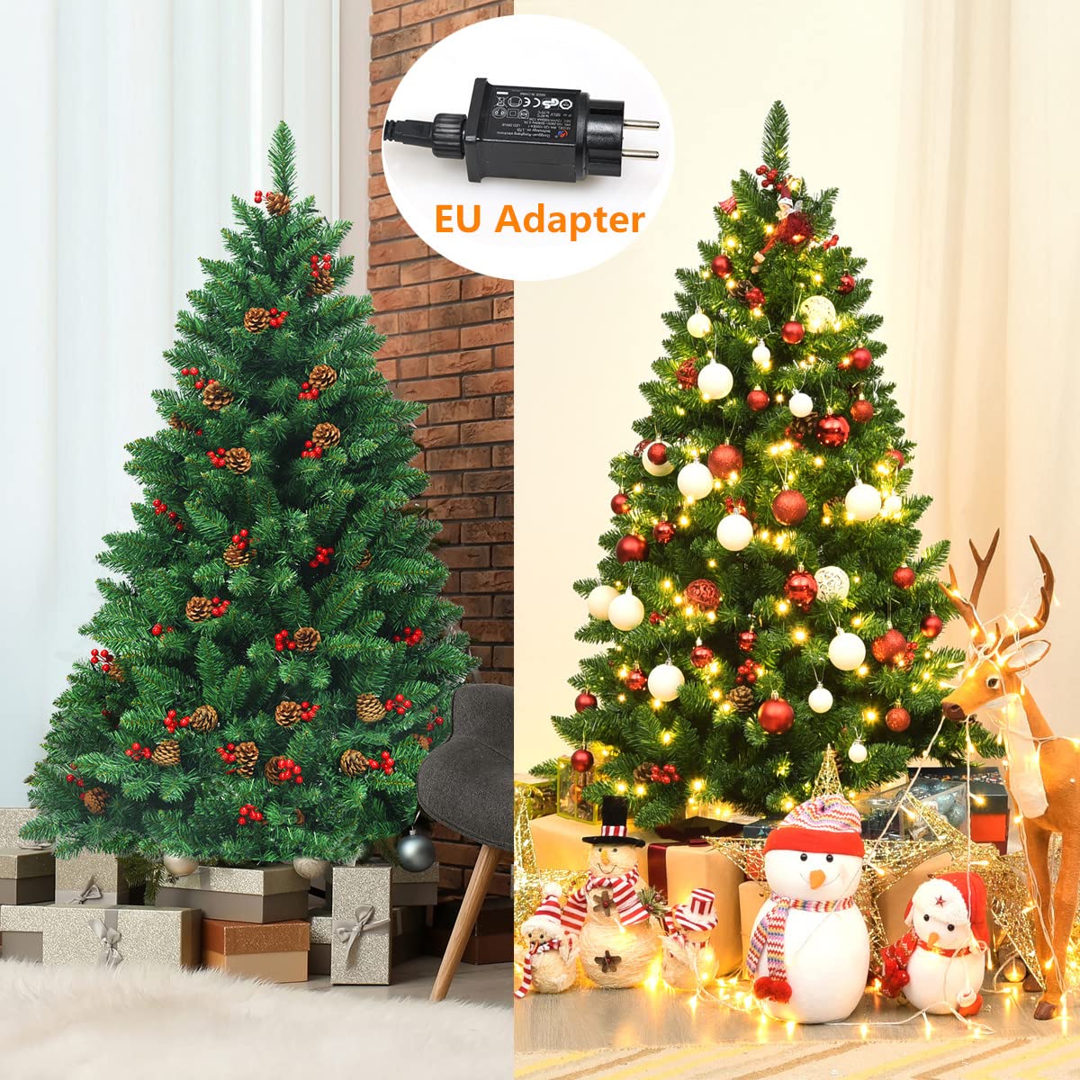 RELAX4LIFE 200 cm Künstlicher Weihnachtsbaum mit Beleuchtung, Tannenbaum mit 450 warmweißen LED-Lichtern & Tannenzapfen & rote Beeren, Schnellaufbau Klappsystem, Christbaum für Zuhause & Büro, Grün